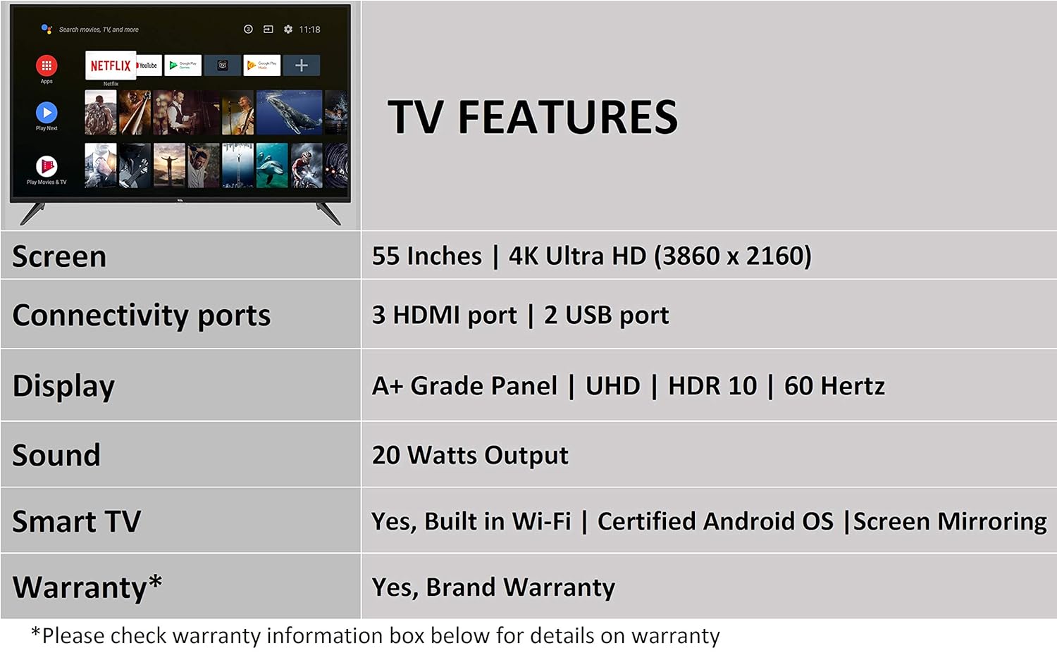 TCL 55P8 Android TV interface showing various streaming apps