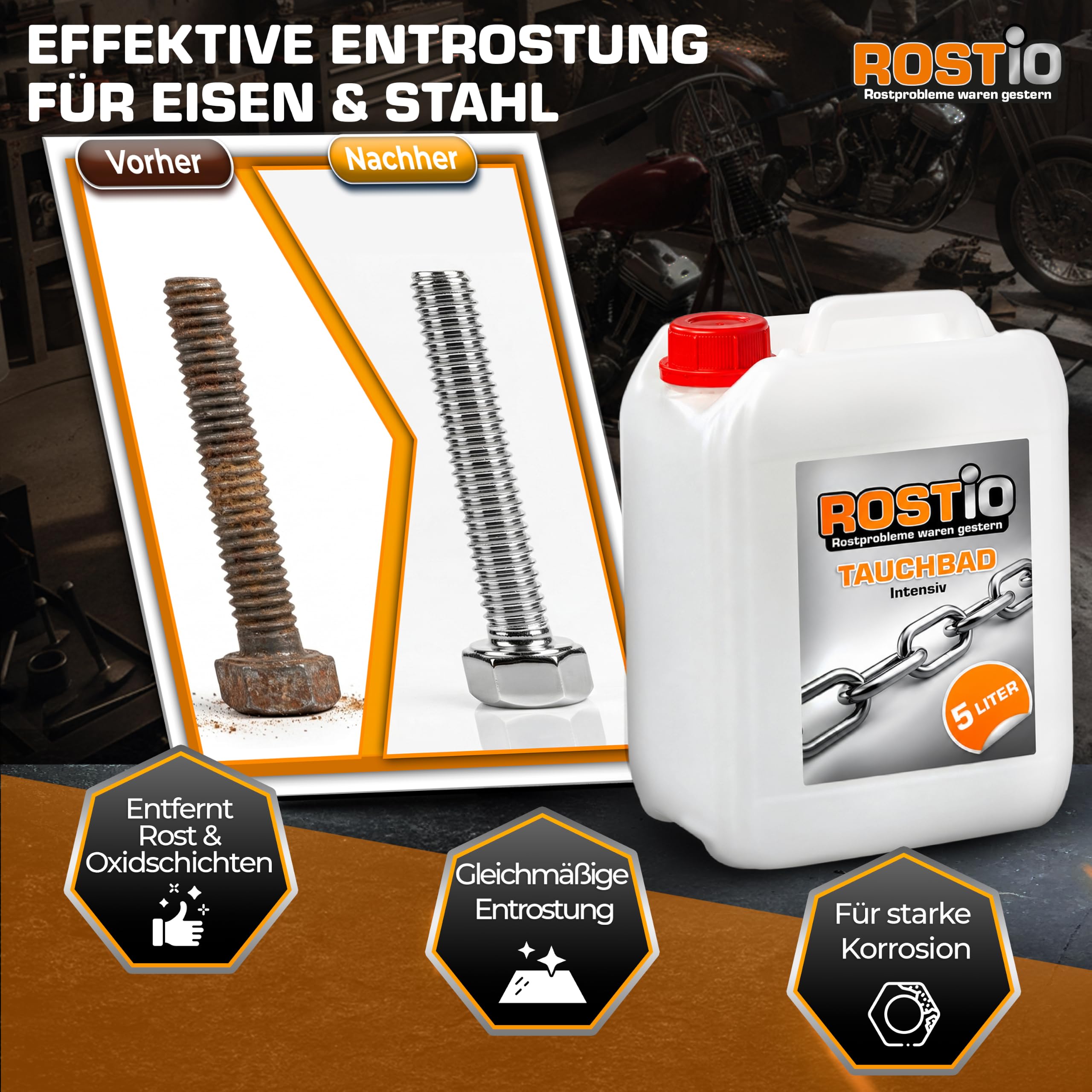 Rostio Tauchbad Intensiv 5 Liter Rostumwandler Rostentferner Rostlöser Entroster - Auto KFZ Motorrad Boot UVM.