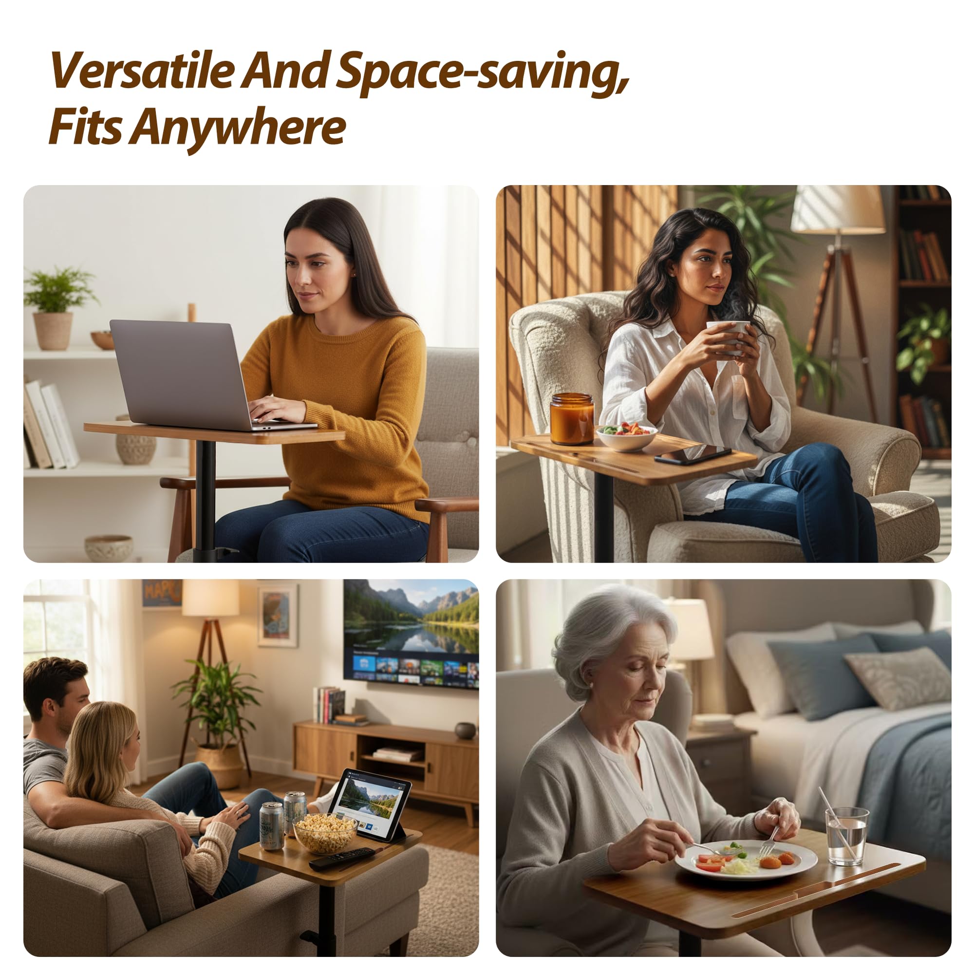C-Förmiger Beistelltisch, Höhenverstellbar Couchtisch, 360° Drehbarer Wohnzimmer Tisch, Holz Tischplatte Mit Metallgestell, Sofa Klein Esstisch, Mini Kaffeetisch, Küchentisch, Couch Tablett-Tisch