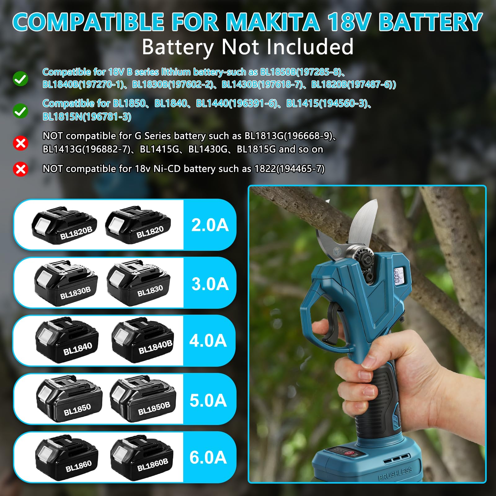 Roadtime 2 en 1 Podadora telescópica Eléctrica para Makita 18V(sin batería) | extensible Tijeras de jardín pantalla LCD, 35mm diámetro corte, alcance total 4.2m, ramas, jardinería profesional
