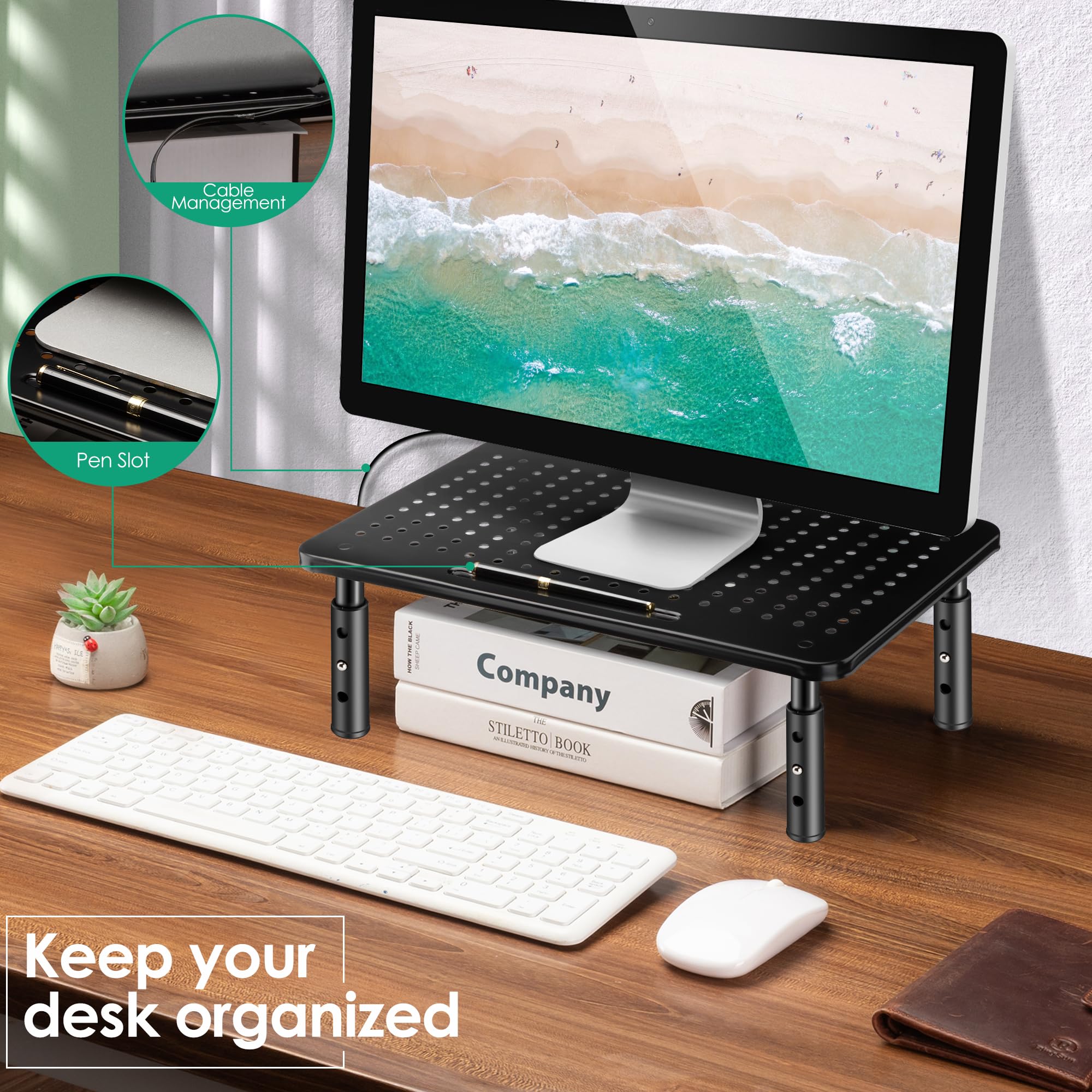 Elevadores de monitor para 2 monitores, soporte de monitor ajustable de 3 alturas con soporte para bolígrafo, elevador de monitor doble para laptop, para oficina, hogar, suministros escolares, 4