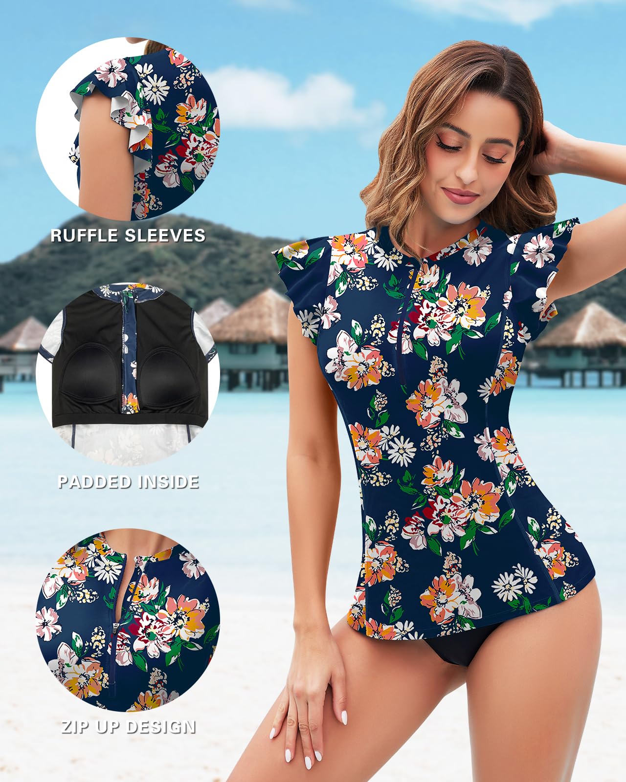 WOWENY Maillot de Bain Anti-UV pour Femme - Manches à Volants - avec Fermeture éclair 1/4 - Maillot de Bain Rash Guard - Tankini - Haut pour Femme