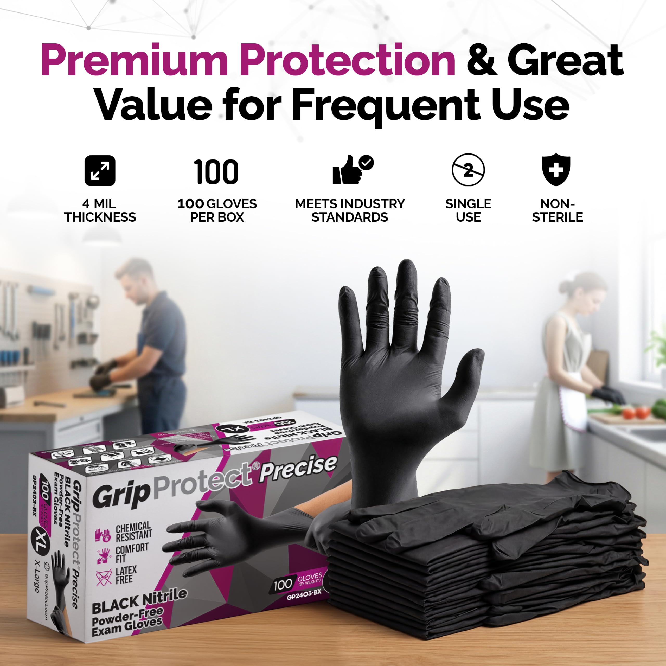 GripProtect Guantes de nitrilo negros precisos, resistentes al fentanilo, clasificación quimioterapéutica, para alimentos, hogar, hospital, fuerzas del orden, tatuajes 1000/C (XL)