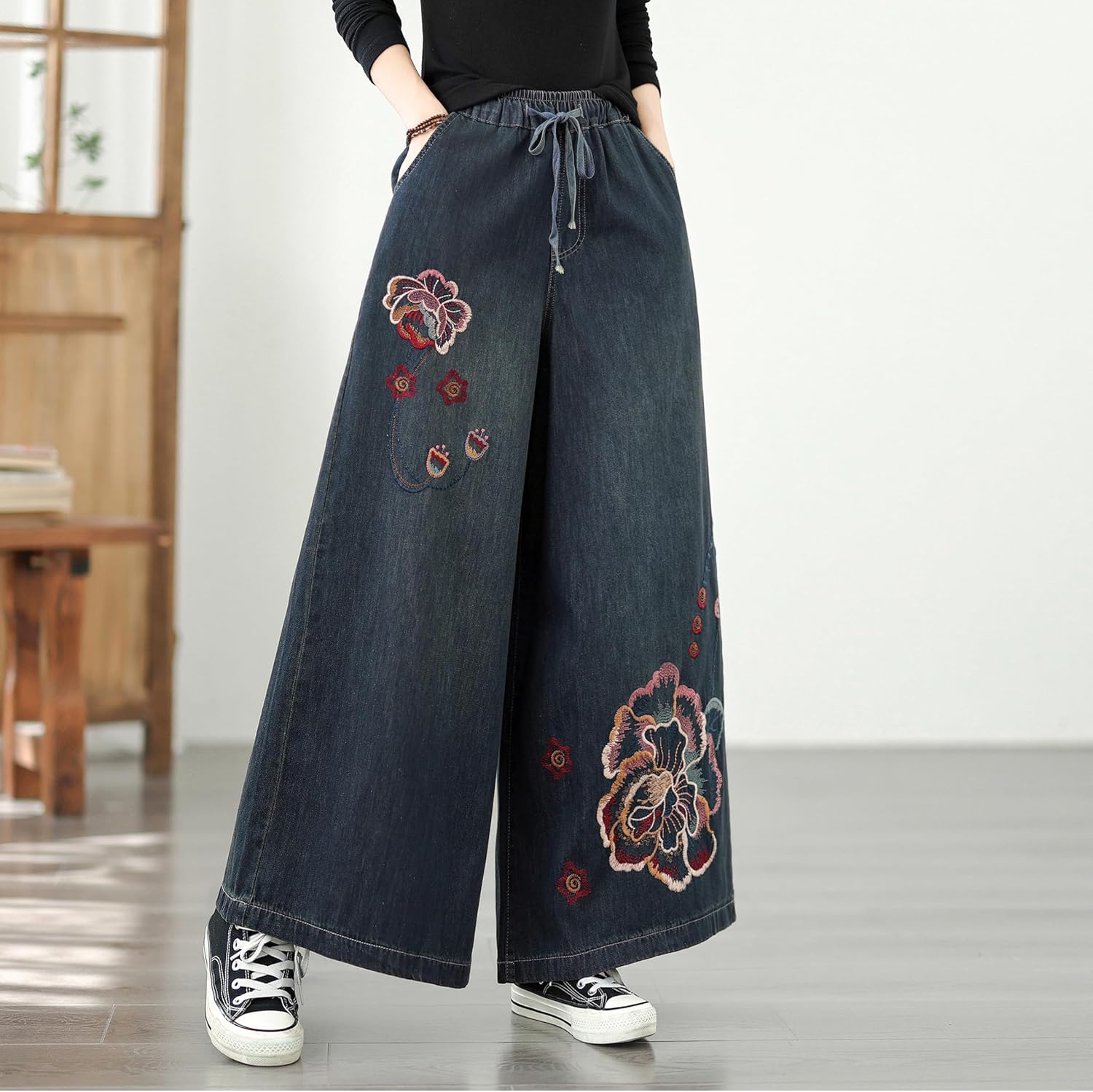 LAI MENG FIVE CATS Women's Baggy Wide Leg Jeans Embroidery Stretchy Drawstring Waist Pants with Pockets - Image 2
