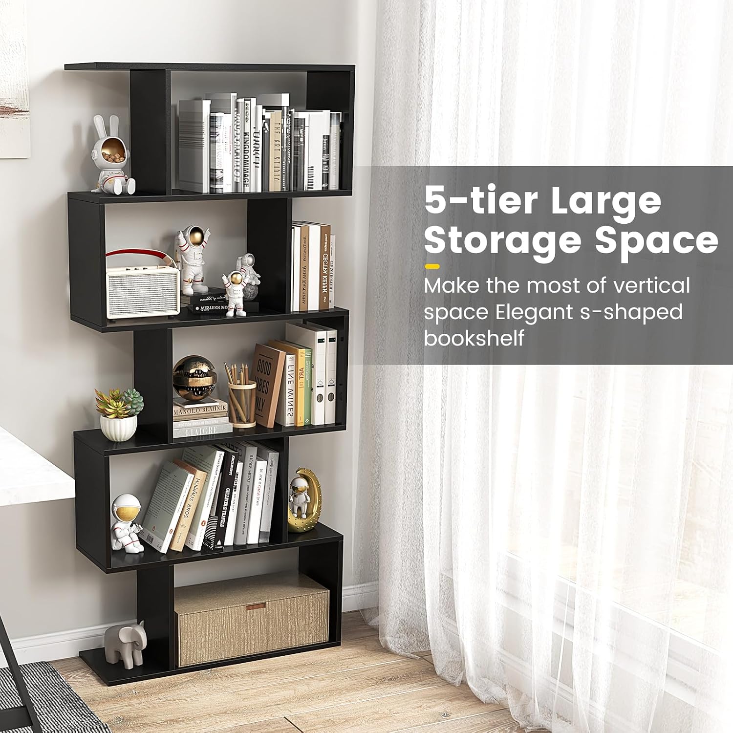 LOKO 5-Tier Bookshelf, S-Shaped Book Case with Anti-Toppling Device, Freestanding Home Organizer Room Divider Display Shelf, Open Storage Rack for Bedroom, Study (1, Black)