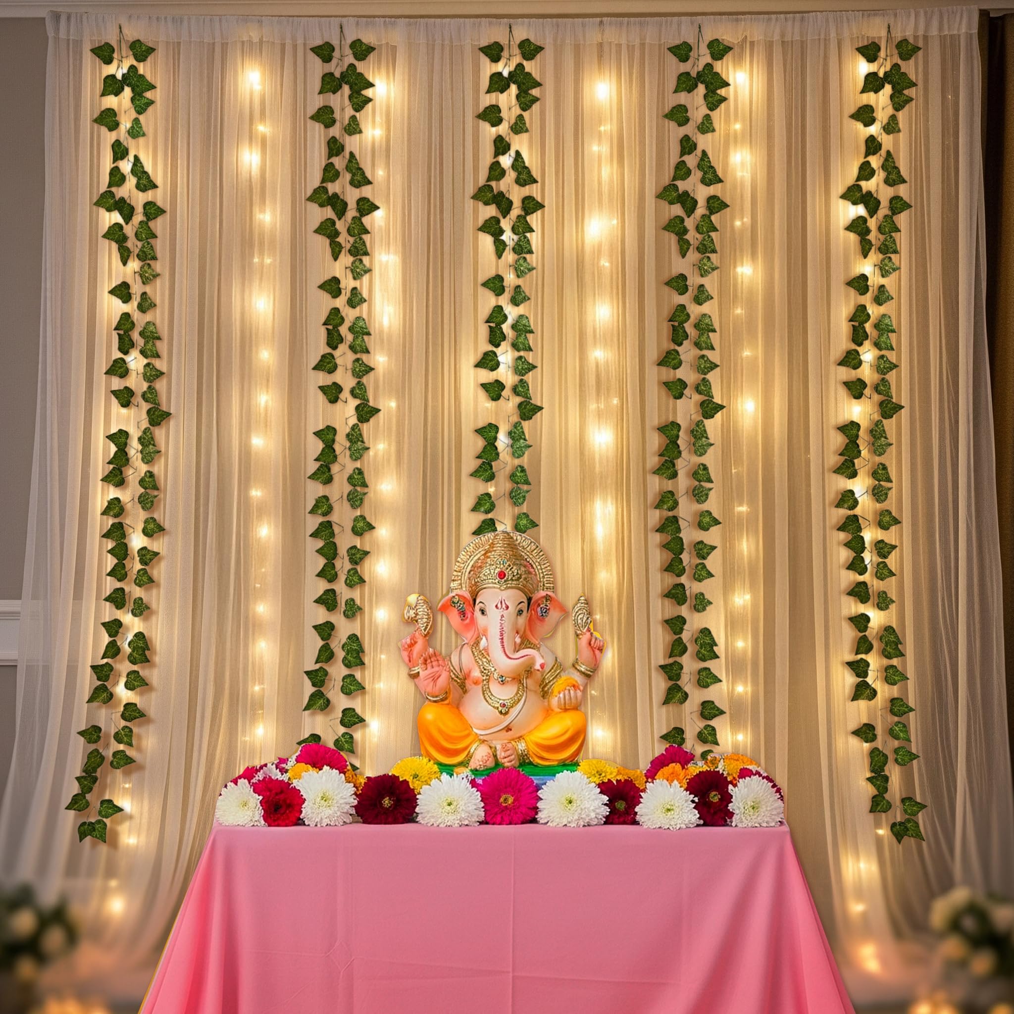SpecialYou® Ganpati Decoration Setup for Home Decor Items with White Back Drop Curtain for Decorations, Green Vines & Light, Ganesh Chaturthi Decoration Setup, Wall Decor Items- 9pcs