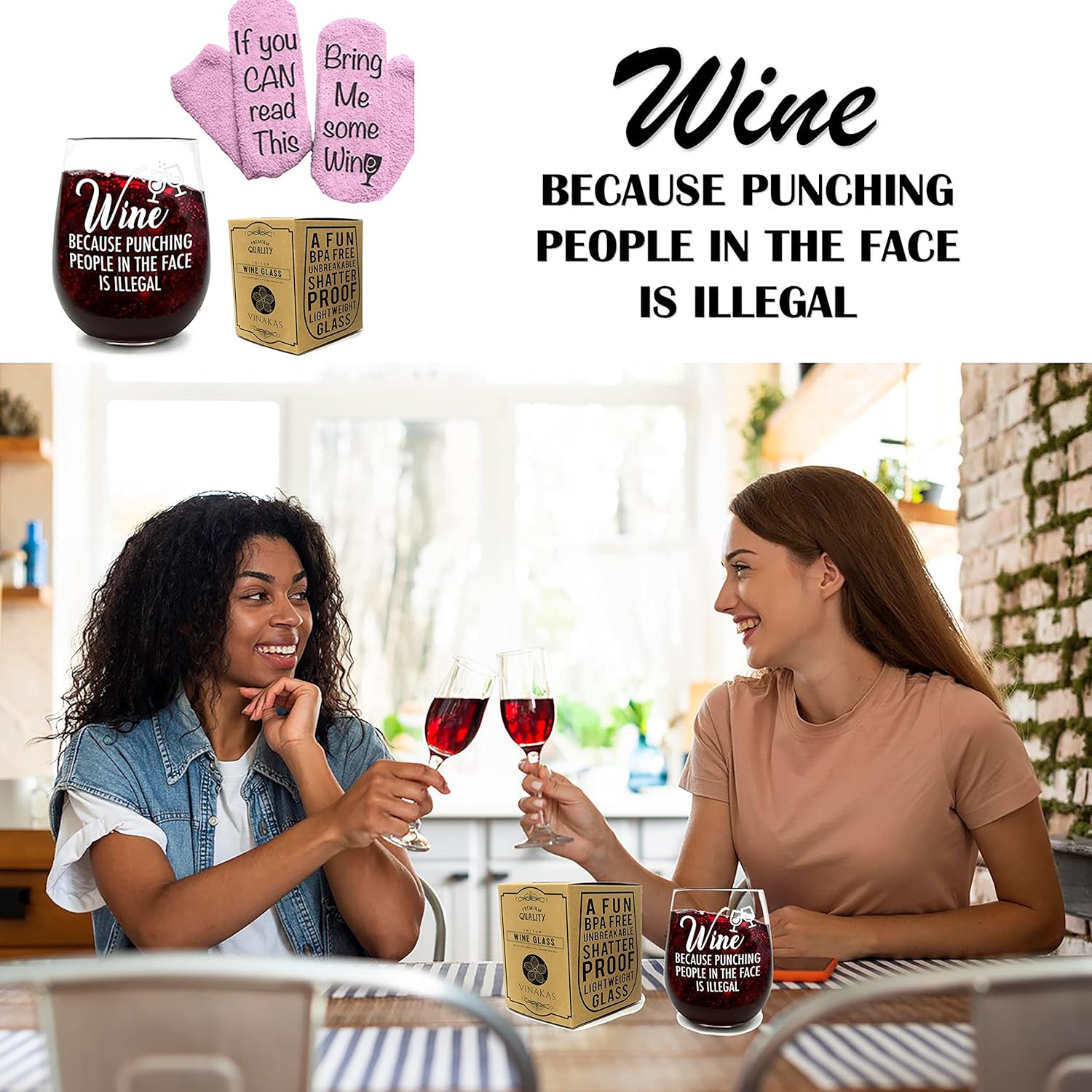 FUNNY WINE GLASSES + WINE SOCKS -16 oz Unbreakable Stemless Wine Glass With Sayings & Fuzzy Girl Socks “If You Can Read This, Bring Me Some Wine" - Image 4