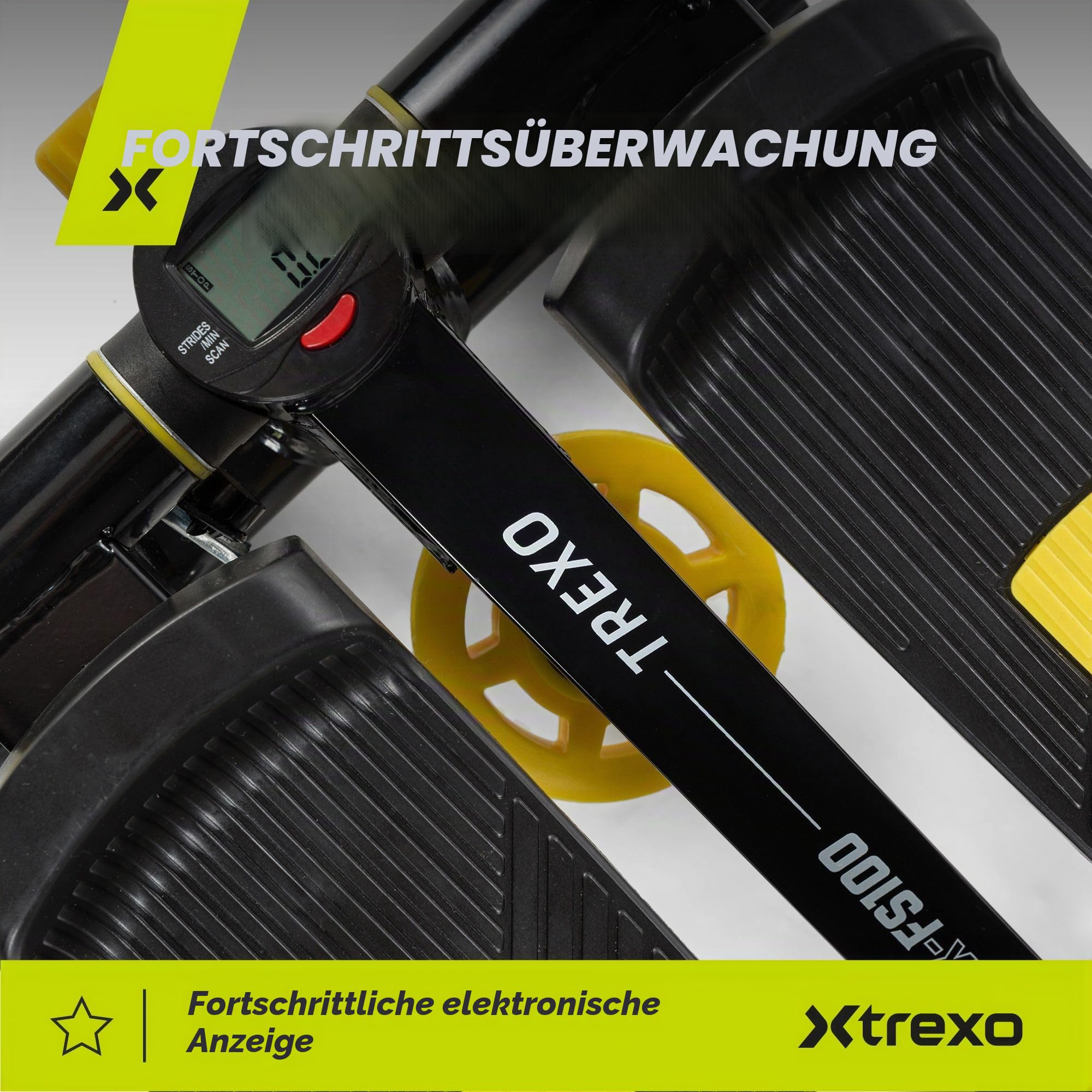 XTREXO Fitness Stepper für Zuhause | Einstellbare Pedalhöhe und Widerstand, Gut ablesbares Display, Hochbelastbare Kabel | Hometrainer bis zu 100 kg für Home Workout, Cardio | Schwarz/Gelb | FS100