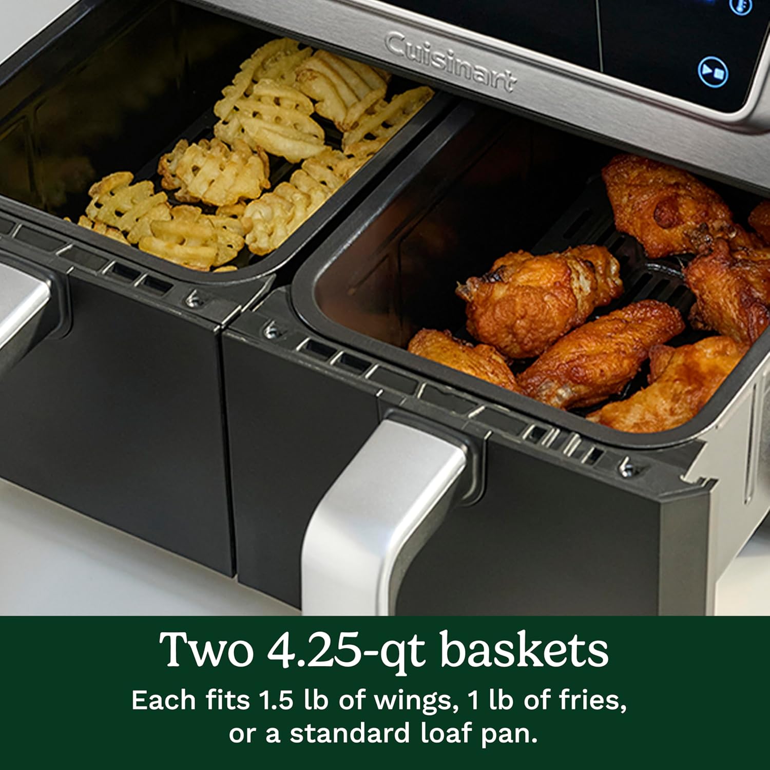 Two air fryer baskets filled with food: one with waffle fries, the other with chicken wings