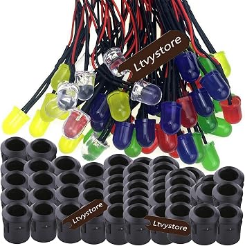 50Pcs 10MM 12V LED Pre Wired Prewired Lamp Light Bulb Prewired Emitting Diode Assorted Color 7.87" Length& 50Pcs Black 10MM LED Plastic Clip Holder Display Panel