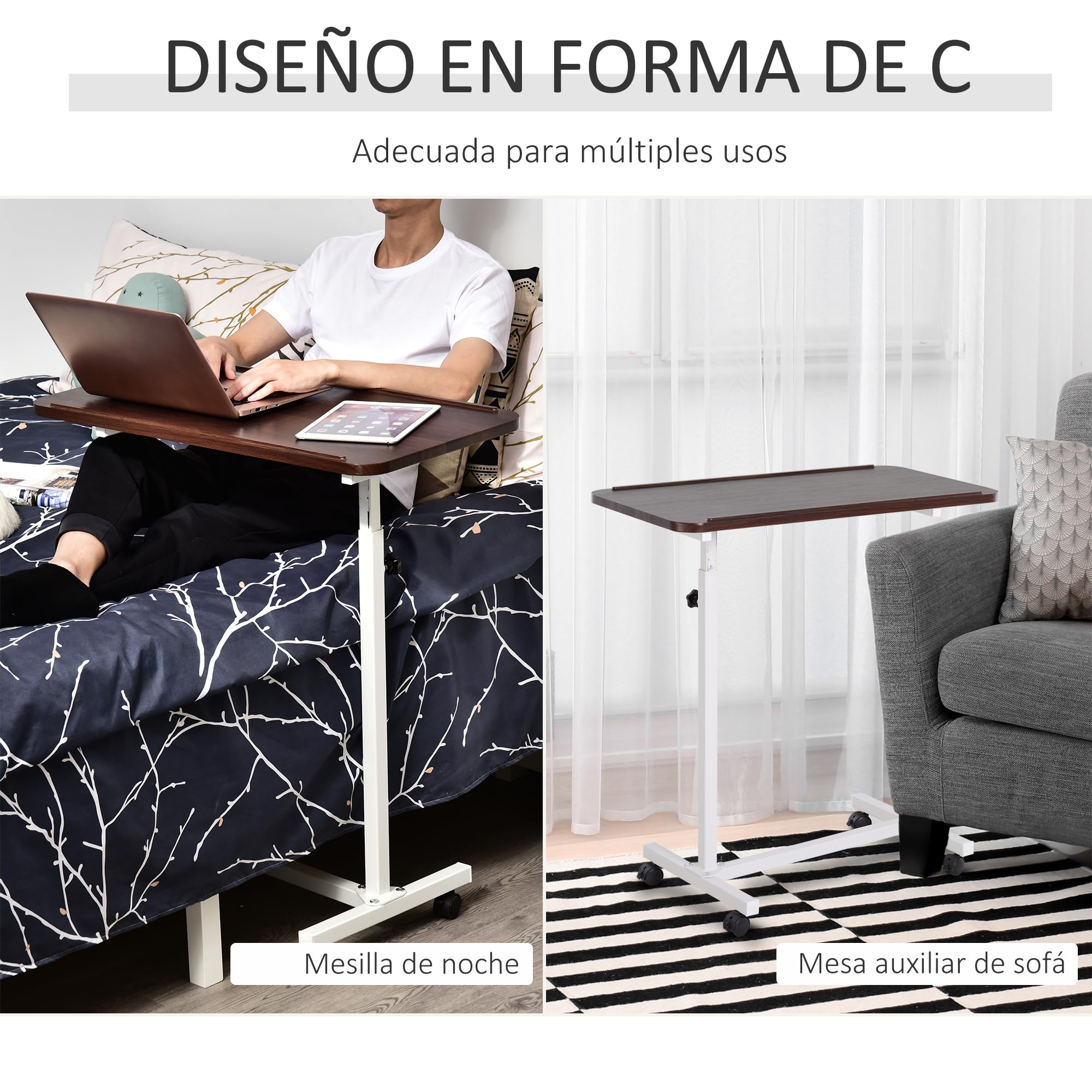 HOMCOM Mesa Auxiliar con Ruedas, Mesa para Sofá y Cama, Altura Ajustable y Marco de Acero, para Dormitorio, Salón, Oficina, 77x40x76-100 cm, Nogal Oscuro y Blanco