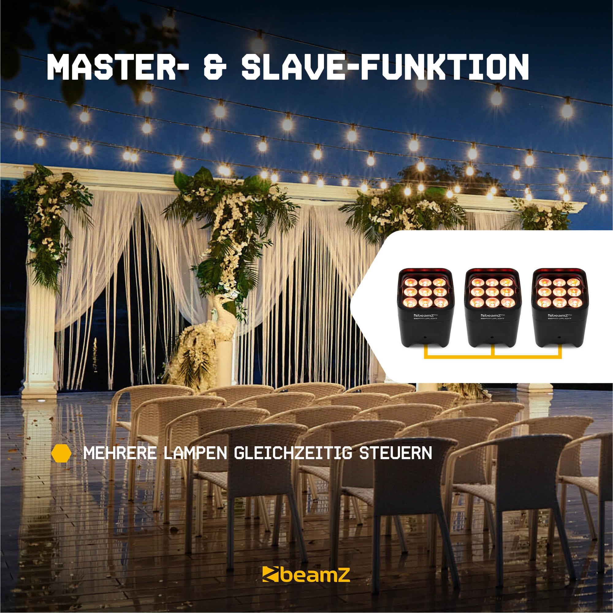 BeamZ Pro BBP59 - Wetterfestes Akku Uplight, 6er Set, 9x12W RGBWA-UV LED, WDMX - Kabelloser Partylicht Strahler für Events Outdoor, DMX Spot Akku Bodenstrahler, LED PAR, Musikgesteuert