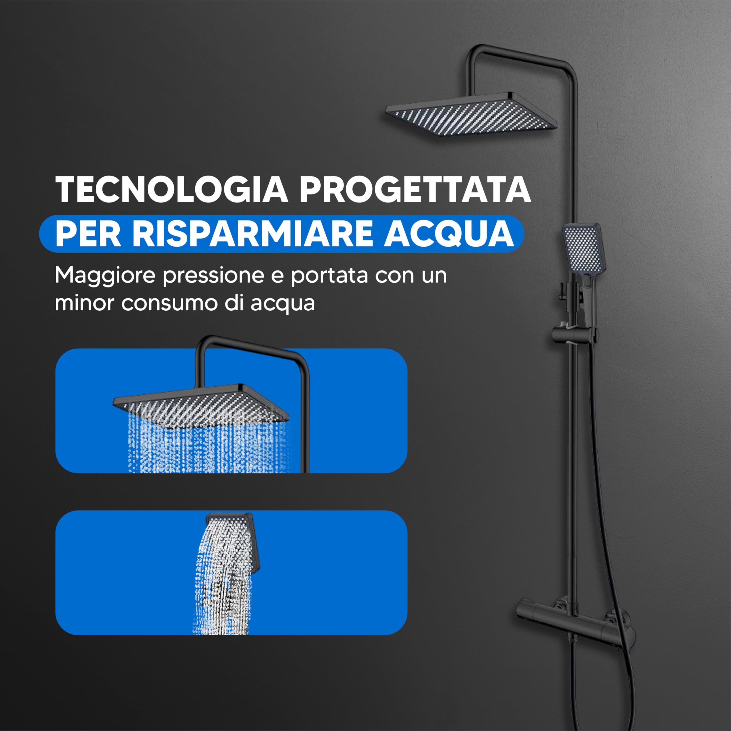 INEX EUROPA Colonna Doccia Termostatica Nero Opaco 2 Modalità – Doccia con Soffione Quadrato e Doccetta – Sistema Doccia con Valvola Termostatica di Sicurezza e Garanzia 10 Anni