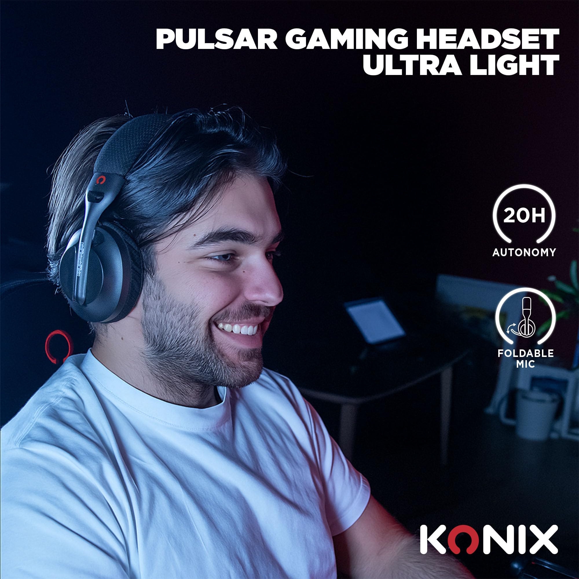 Konix Auriculares Gaming ultraligeros Pulsar de 180 g para PC - Altavoces de 40 mm - Micrófono - Conexión Bluetooth/Cable Tipo-C/dongle USB - Negro