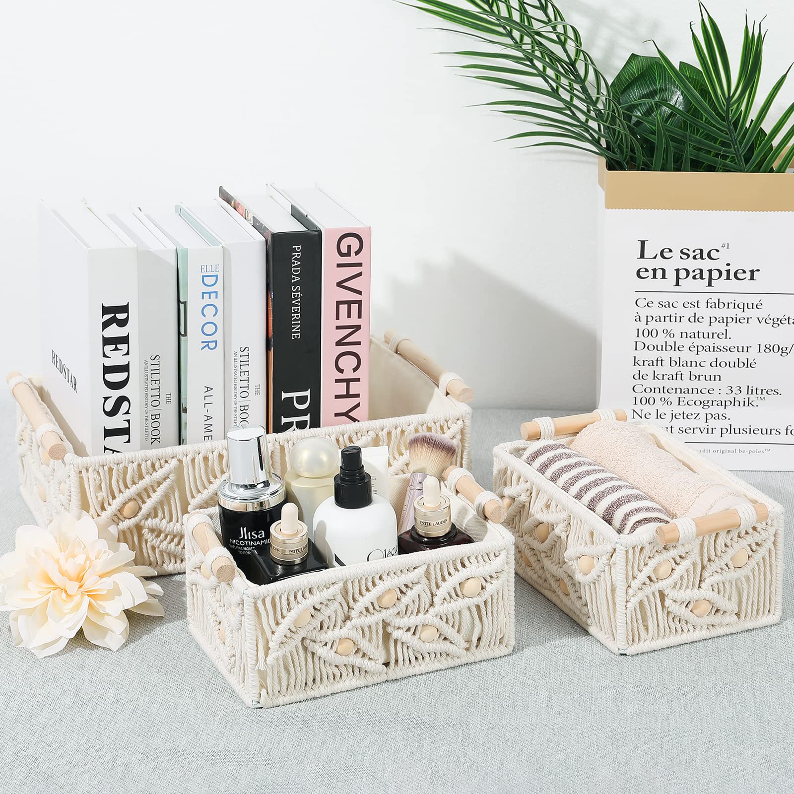 ANMINY Makramee-Aufbewahrungskörbe-Set, handgefertigt, Baumwolle, gewebt, dekorative Boho-Schreibtisch-Aufbewahrungsboxen mit Holzgriffen, Holzperlen, Kinderzimmer, Baby, Organizer, Behälter