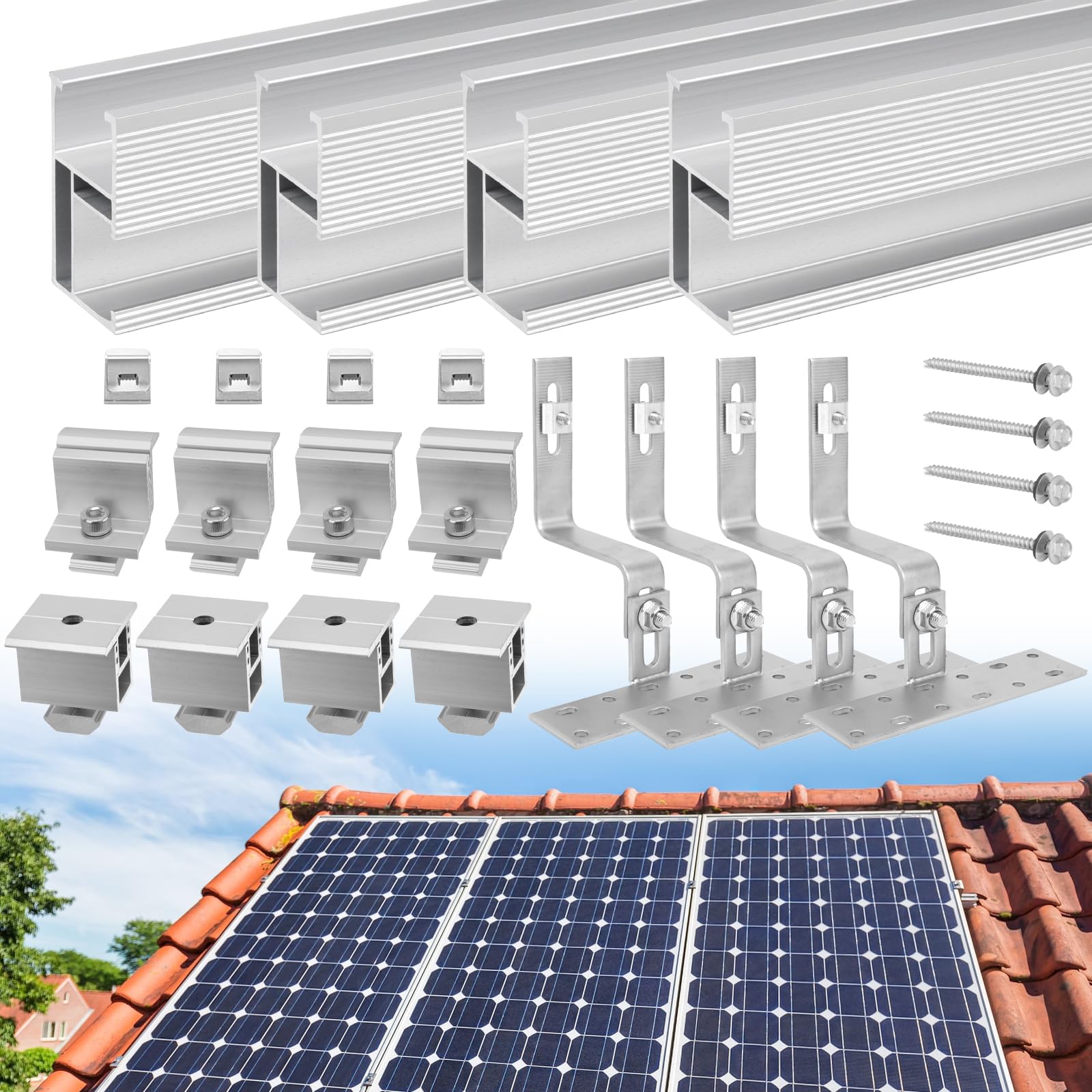 Supporto per pannello solare per tetto in mattoni per 2 moduli, profilo in alluminio da 300 mm e gancio per tetto fotovoltaico, supporto solare regolabile, pannelli solari spessi 30-45 mm, set di