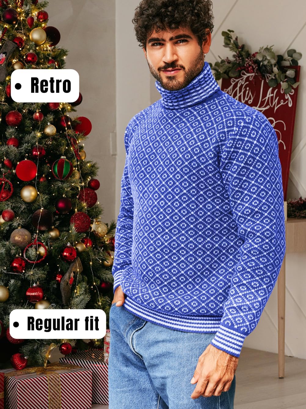 Turtleneck Sweater Men,Geometric Vintage Christmas Sweaters,Casual Work Going Out Outfits - Image 4