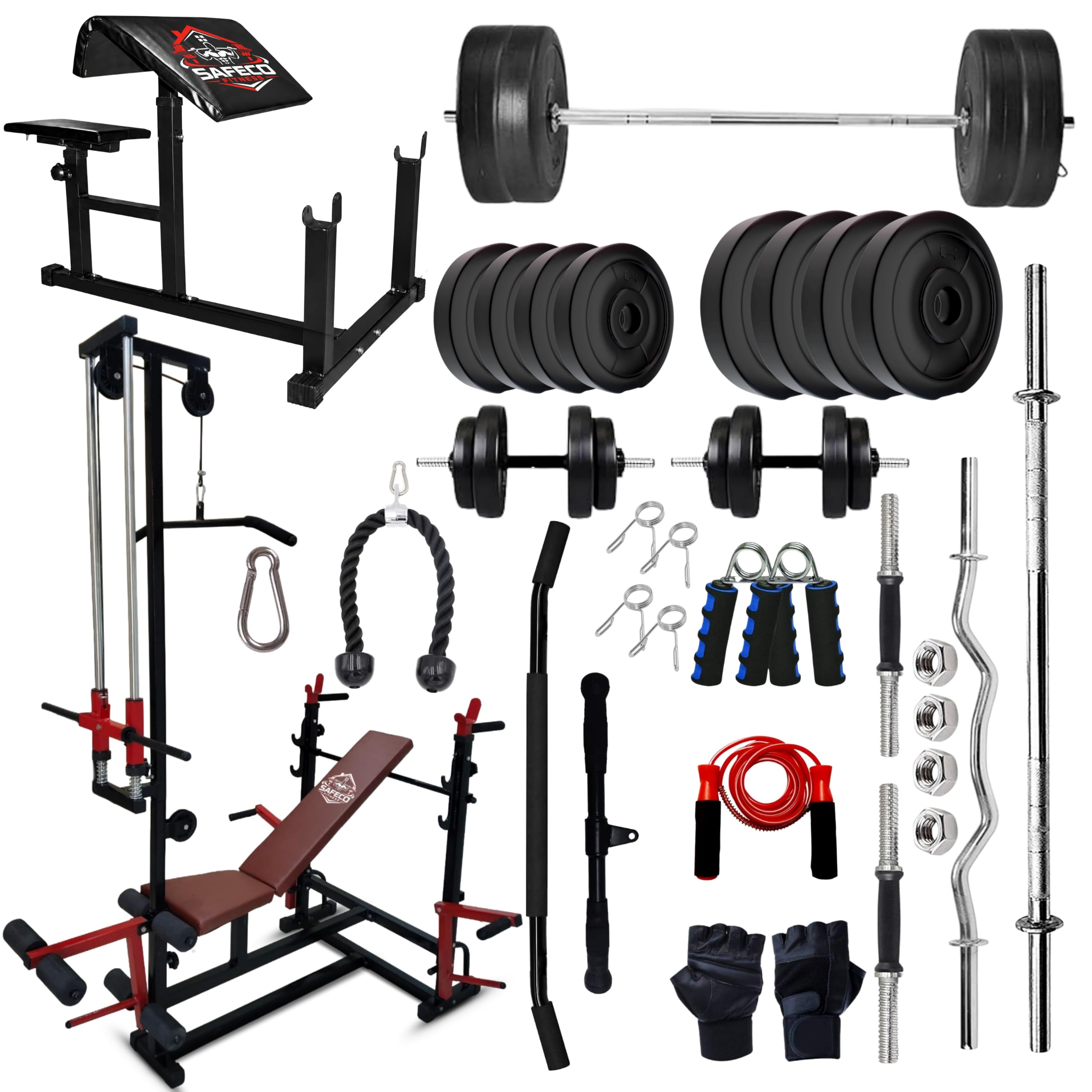 Home Gym Combo with 10KG-150KG PVC Weight Plates & Barbell, 20-in-1 Adjustable Bench, LAT Pulldown, Preacher Curl Bench, Cable Attachments & Accessories (60KG Combo)-image-36