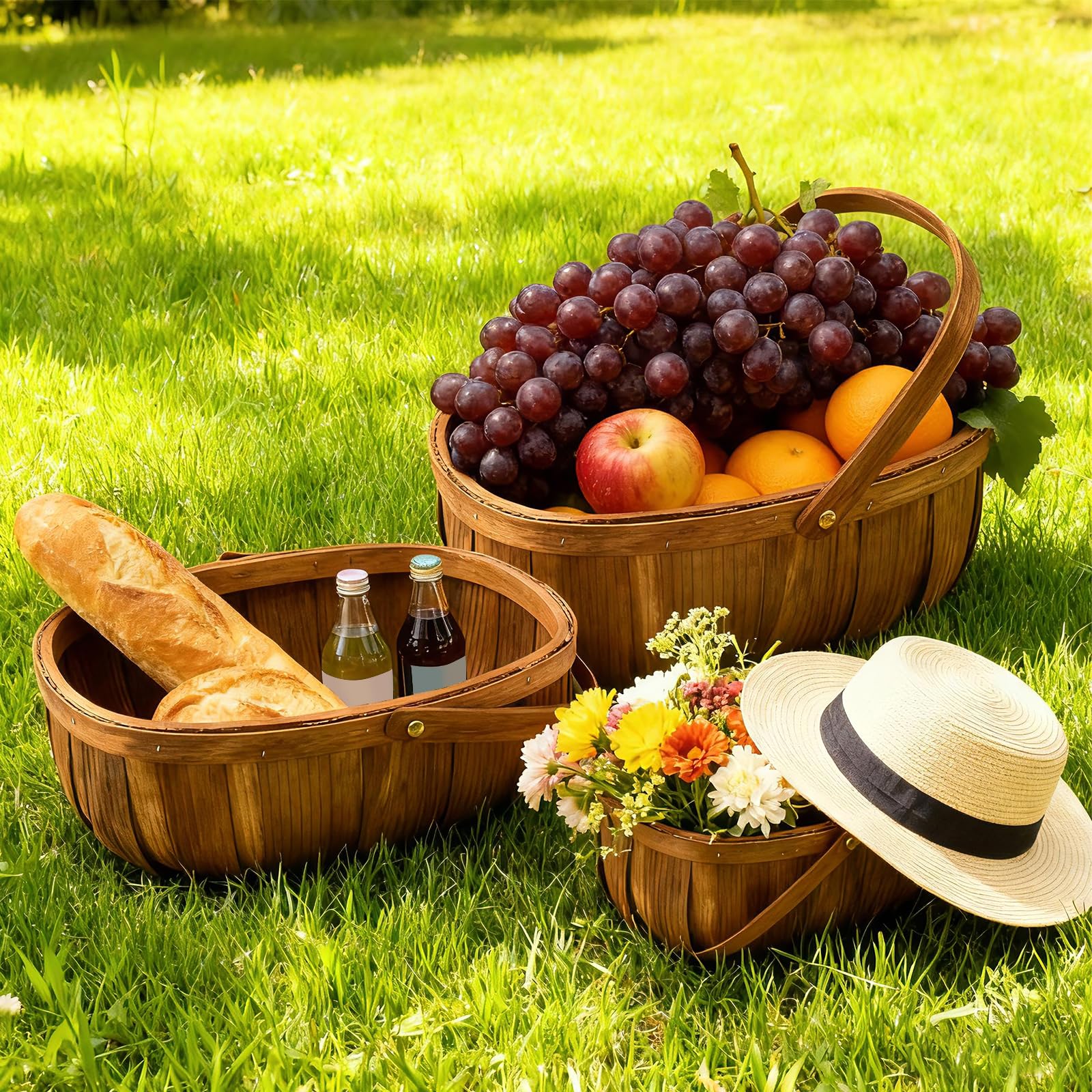 Paquete de 3 cestas de madera para pan, cesta de picnic tejida a mano con asas, organizador de almacenamiento para verduras, frutas, bodas, 3 tamaños