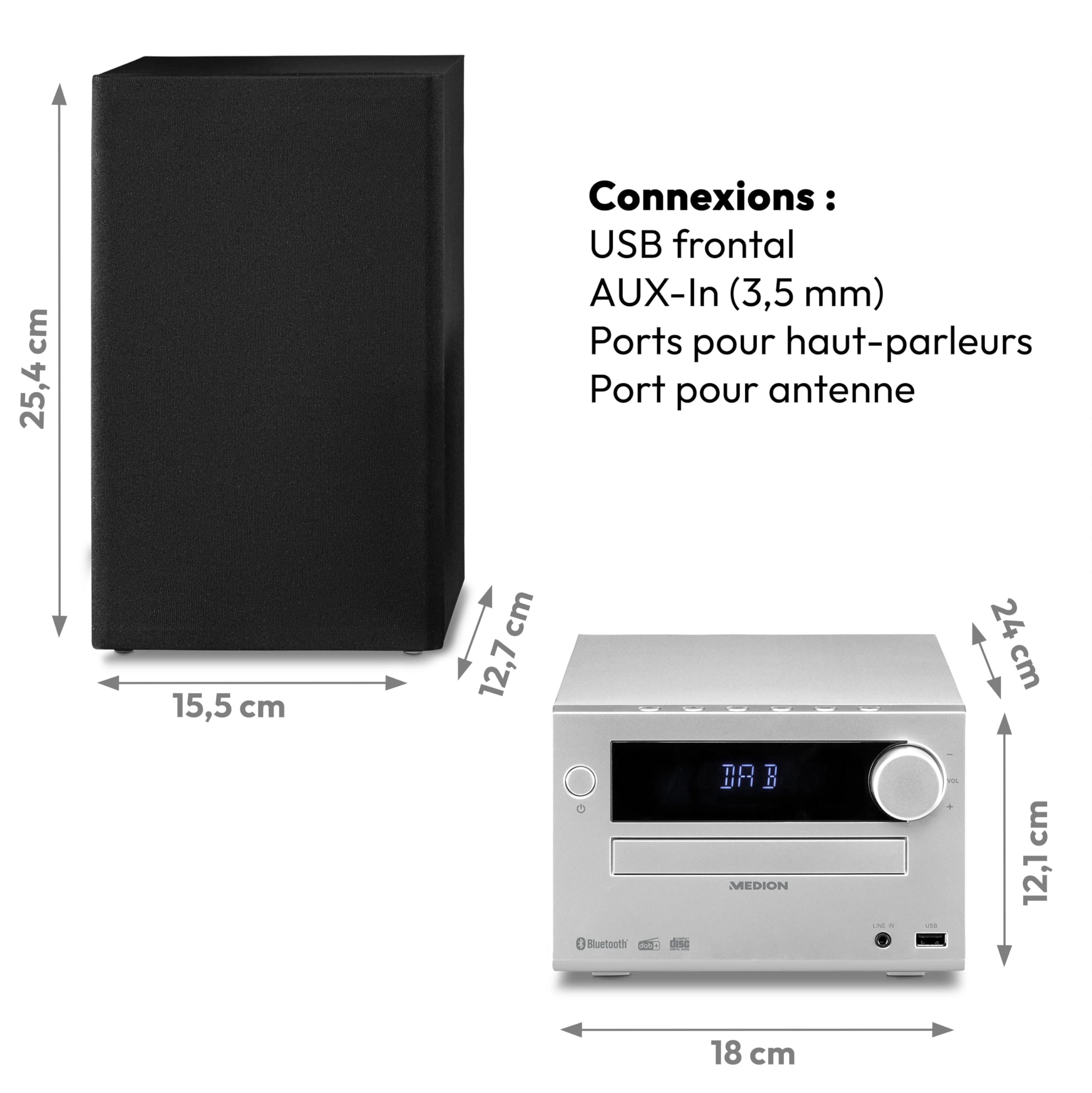 MEDION E64482 Microsystème audio compact (radio Internet, DAB+, lecteur CD, radio FM PLL, Bluetooth, lecteur MP3, AUX, prise casque, USB, minuteur de mise en veille, écran à intensité réglable) argent