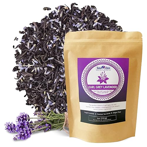 Sou Zen Earl Grey - Mezcla de té de hojas sueltas de lavanda, 4 onzas (3.99 oz) | Té negro de Ceilán, aceite de bergamota, flores de lavanda |