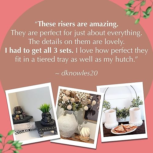 Miniatura 7 de Tiered Tray + Mini Beaded Risers Bundle - White 3 Tier Wooden Tray Stand & Set of 2 Rustic White Wood Candle Pedestal Risers Beaded Farmhouse