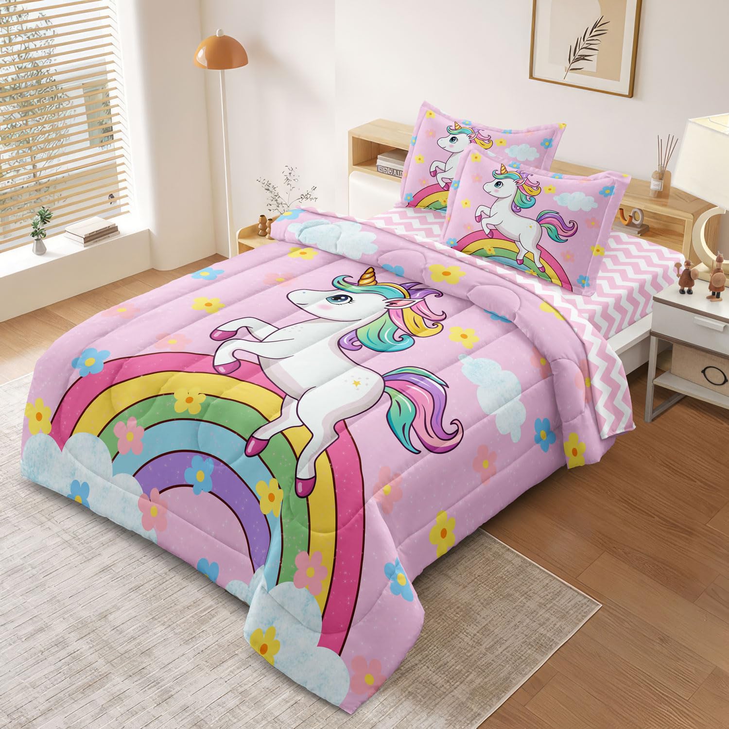 SIRDO Rainbow Unicorn Bedding Set Twin, Pink Kids Comforter Sets for Girls,5 Pieces 1 Comforter with Flat Fitted Sheets and 2 Pillowcases for Kids Teens Children Bedroom Decor All Season