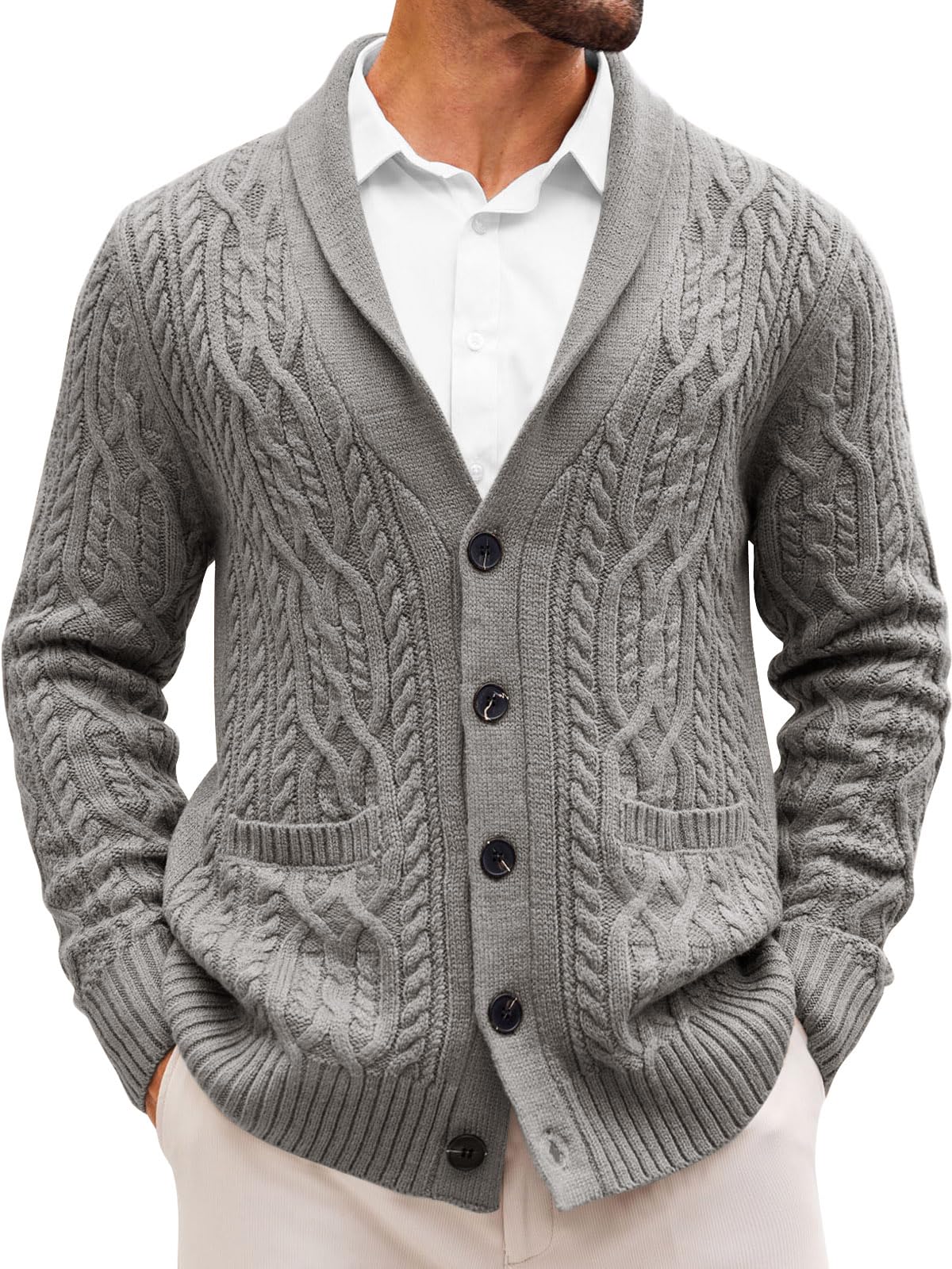 Runcati Men's Shawl Collar Cardigan Cable Knit Sweater