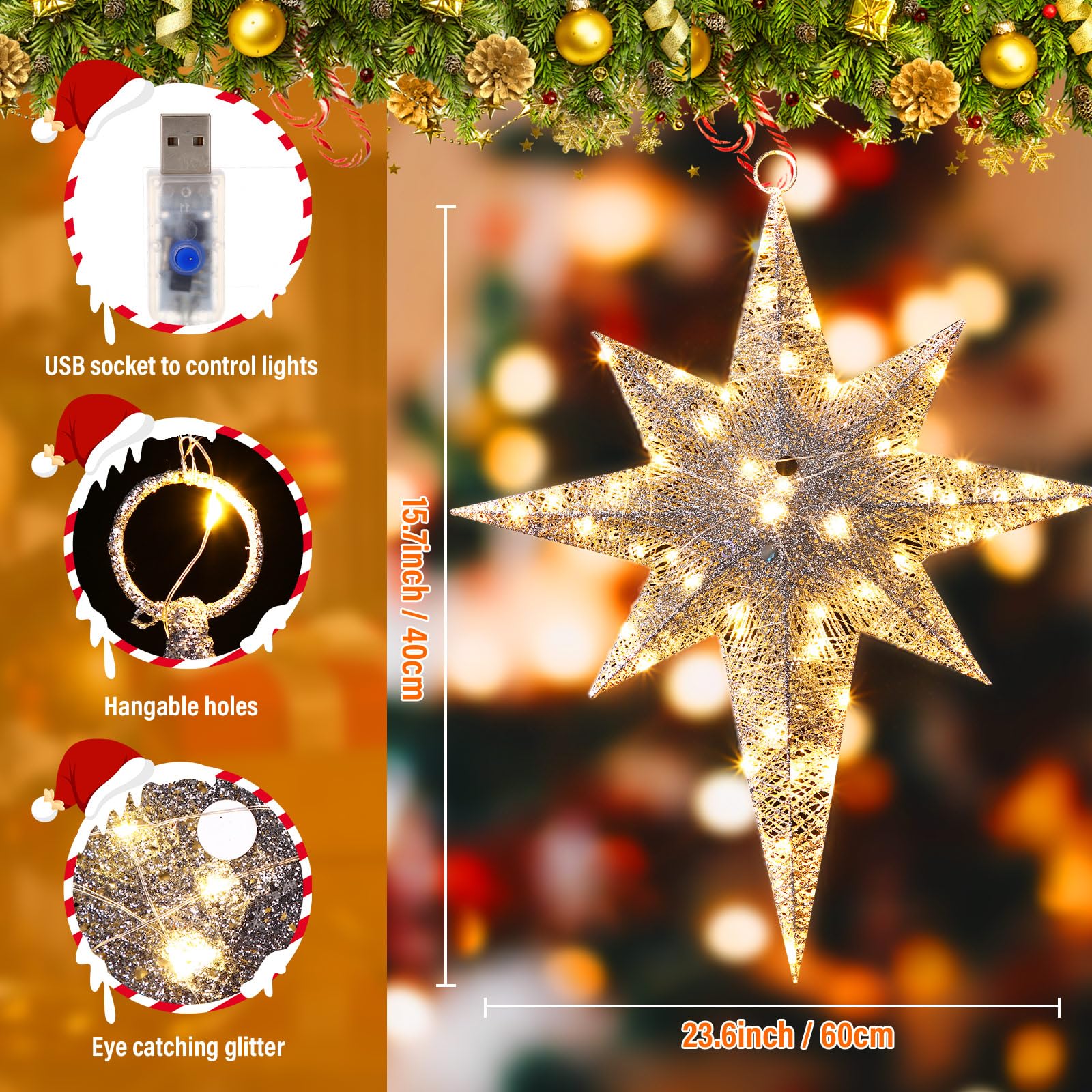 Retisee Estrella de Belén con purpurina de Navidad de 24 pulgadas, luces LED grandes para exteriores, luces de Navidad para colgar al aire libre, estrella de Navidad iluminada para patio, porche