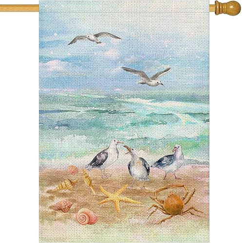 Fukeen Bandera de verano con diseño de gaviotas de océano azul, estrellas de mar náuticas costeras, gaviotas de mar, playa, decoración pequeña para
