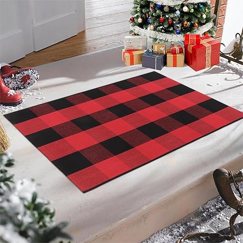 KIMODE Buffalo - Alfombra de tela escocesa para exteriores, color rojo y negro, 24 x 35 pulgadas, lavable de Navidad, tapete de algodón reversible