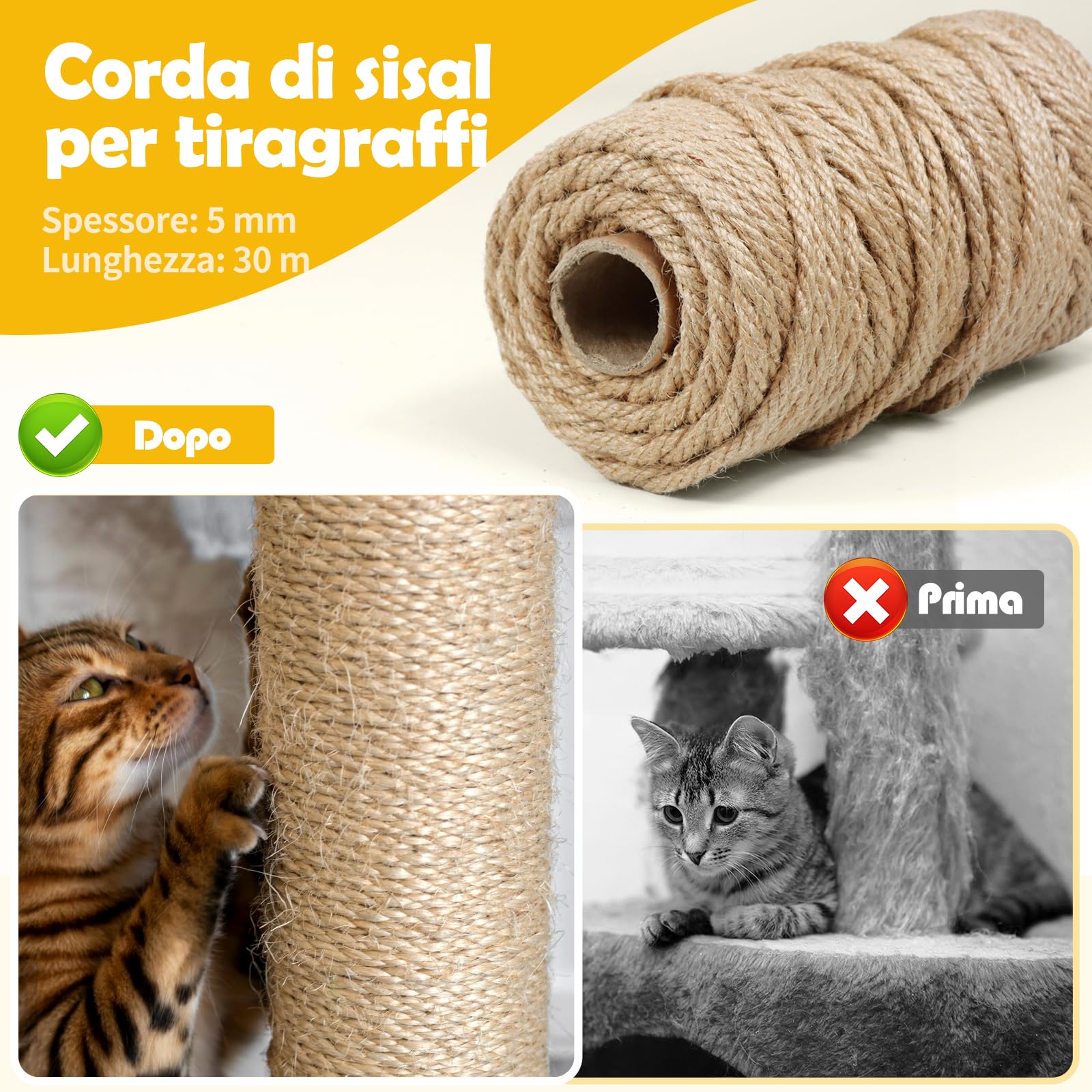 MDDK DY Corda in Sisal Naturale per Tiragraffi – Spago Robusto per Decorazioni e Accessori per Gatti, 5 mm x 30 m