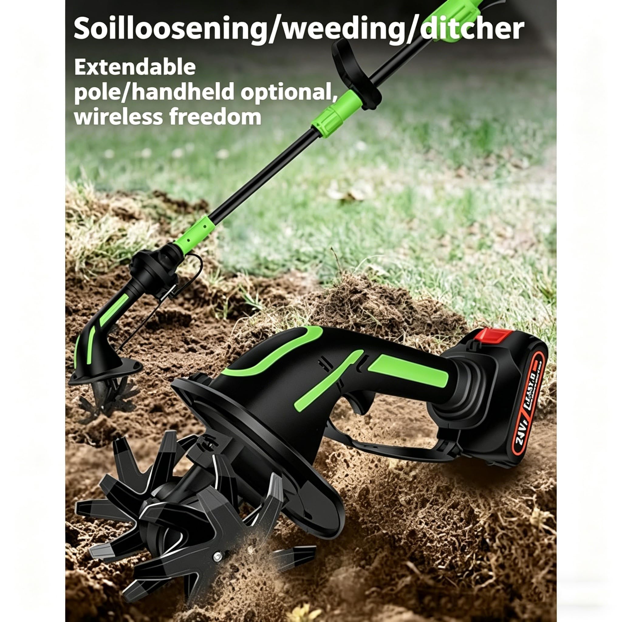 Motobineuse de jardin portative 2 en 1, cultivateur sans fil avec rallonge de 1,3 m, désherbeur électrique léger avec 2 batteries, lames en acier au manganèse à 4 rangées