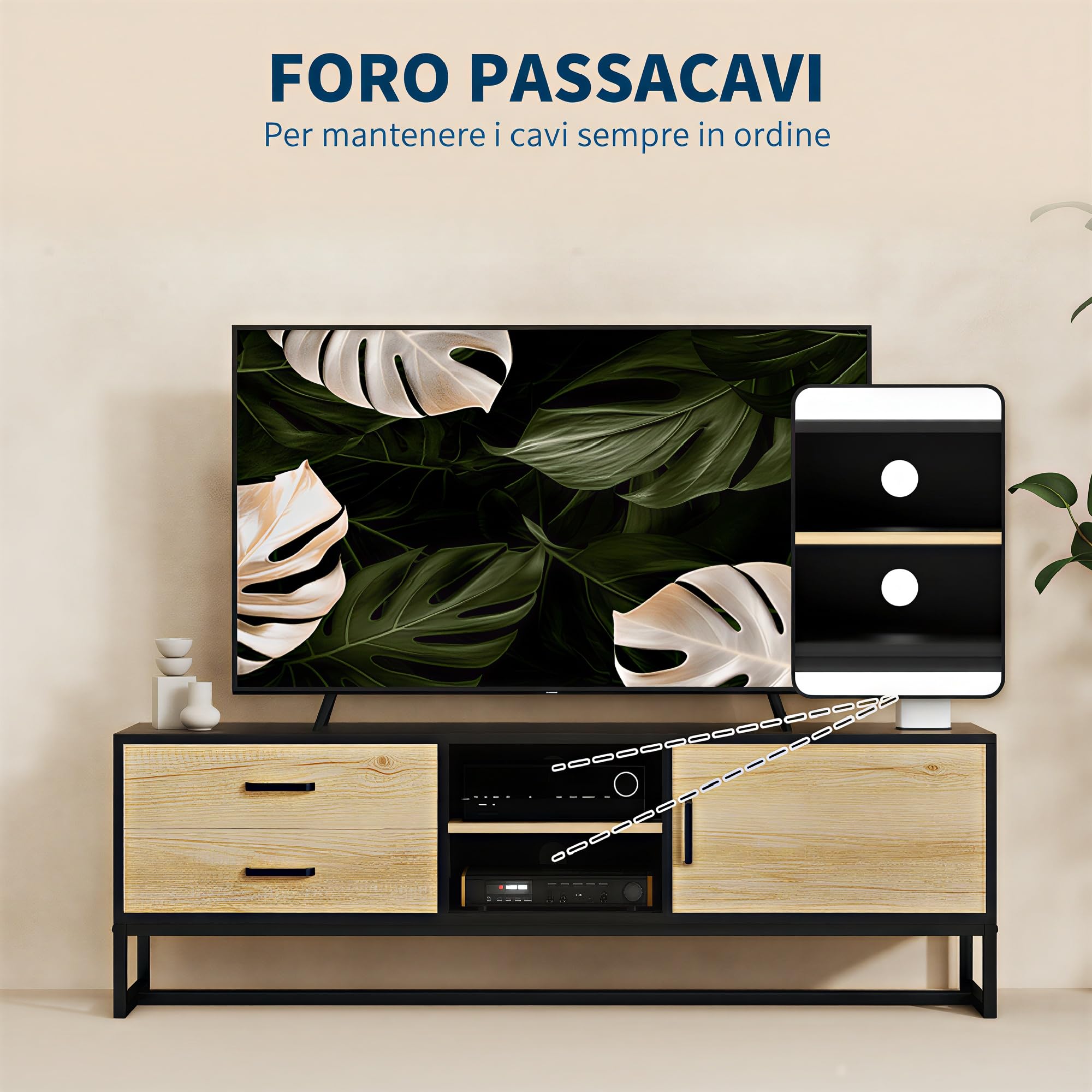 HOMCOM Mobile Porta TV 60" con Armadietto, 2 Cassetti e Ripiani Regolabili, Mobile TV con 2 Aperture Passacavi in Legno per Soggiorno e Salotto, 140x35x45 cm, Legno Naturale e Nero