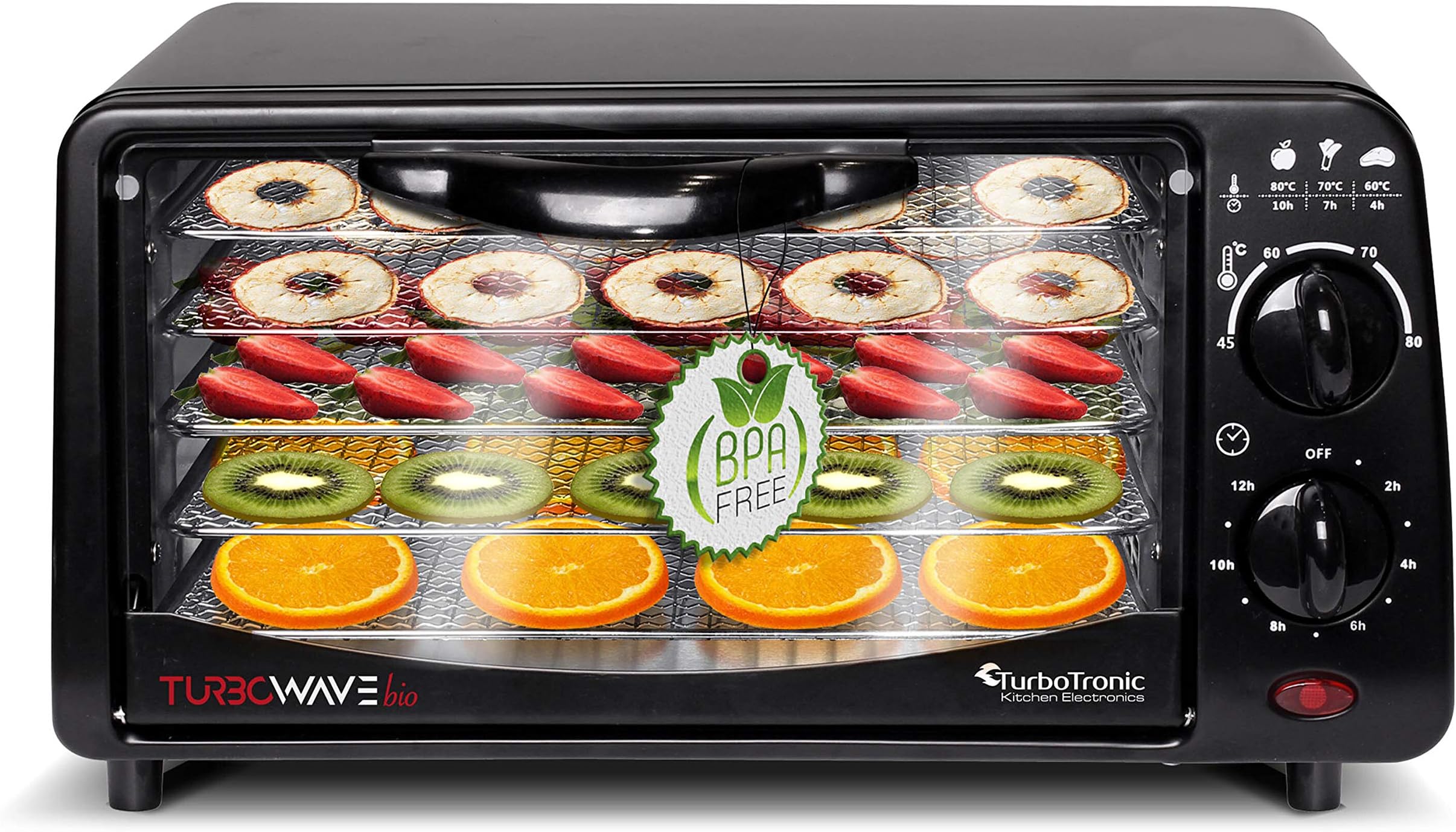 TurboWave Organic dehydrator Made Entirely of Metal, 9 litres, 5X Shelves, incl. Timer and Recipe Booklet