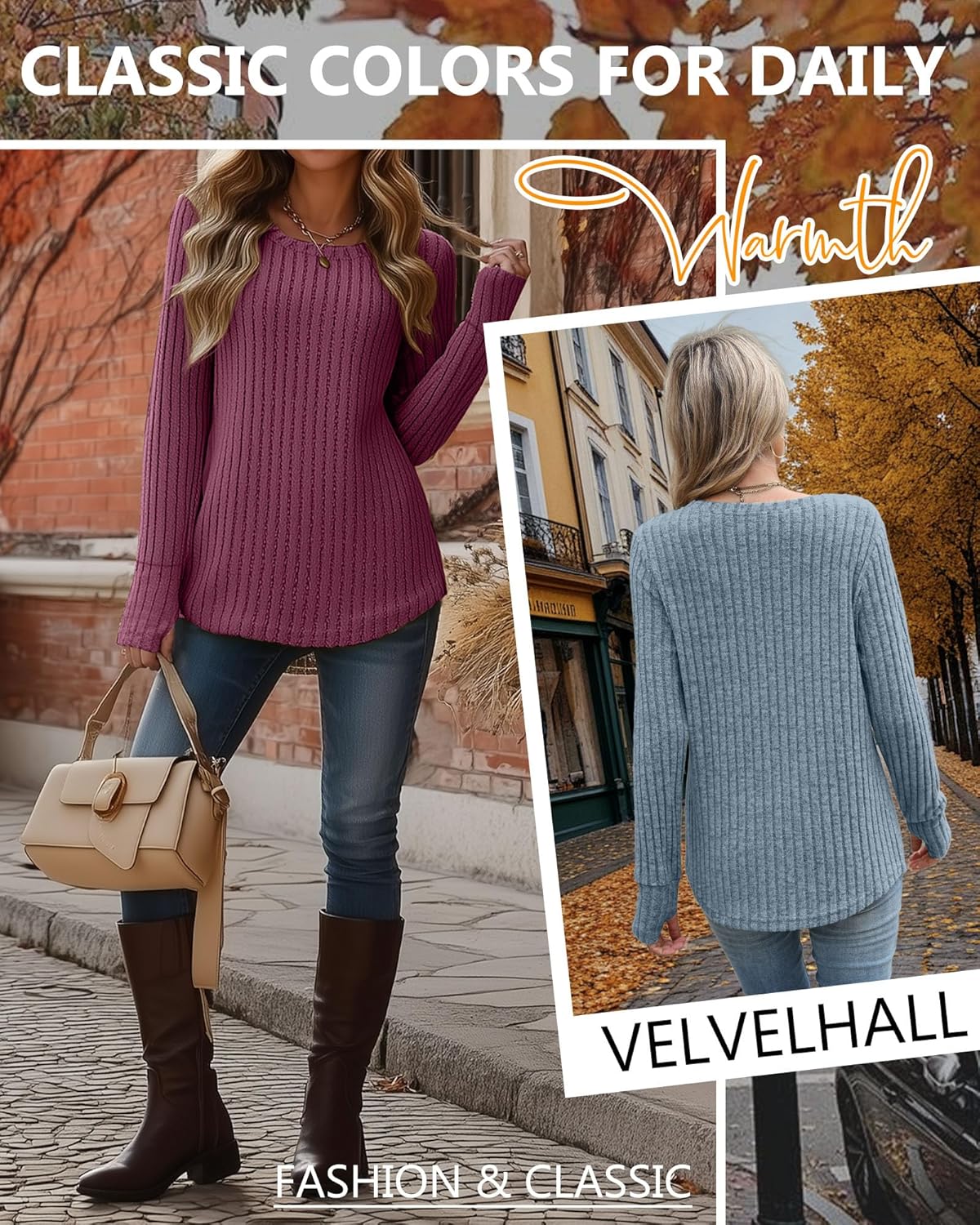 4 Pack Women's Long Sleeve Sweaters with Thumb Holes Crew Neck Tunic Tops Fall Loose Fit Shirts Ribbed Curved Hem - Image 2