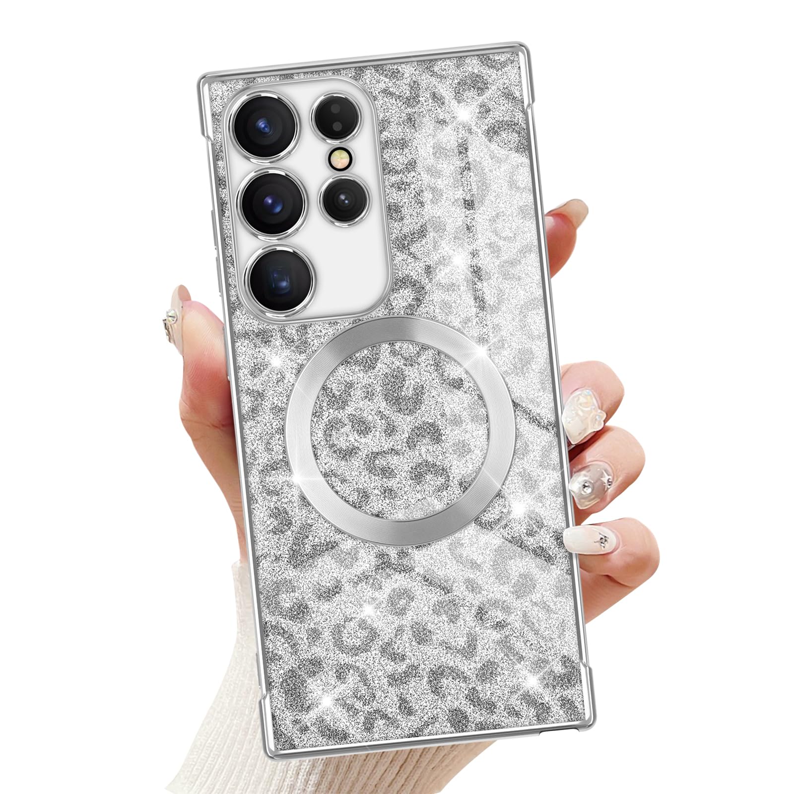 Newseego for Samsung Galaxy S23 Ultra 5G Magnetic Case, Luxury Leopard Print Plating Edge Case for Women Girls Men Soft TP...