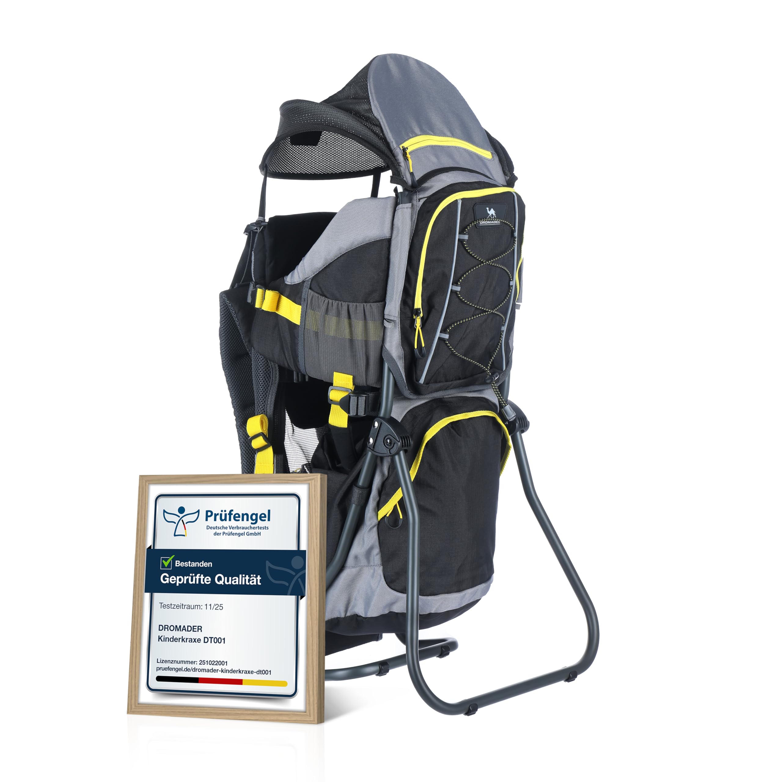 Dromader Kraxe Kindertrage bis 22kg - Baby Rückentrage Wandern mit Sonnendach Regenschutz - Babytrage Outdoor Trekking mit Thermotasche Wickelmatte - Einhändig klappbarer Aluminiumrahmen Schwarz Gelb