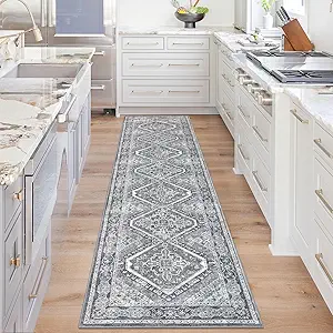 KUTA Oriental Medallion Kitchen Runner Rug, 2x8 Vintage Grey Washable Hallway Runners Non-Slip Ultra Soft Printed Distressed Tribal Floor Carpet Rugs for Bedroom Living Room Nursery