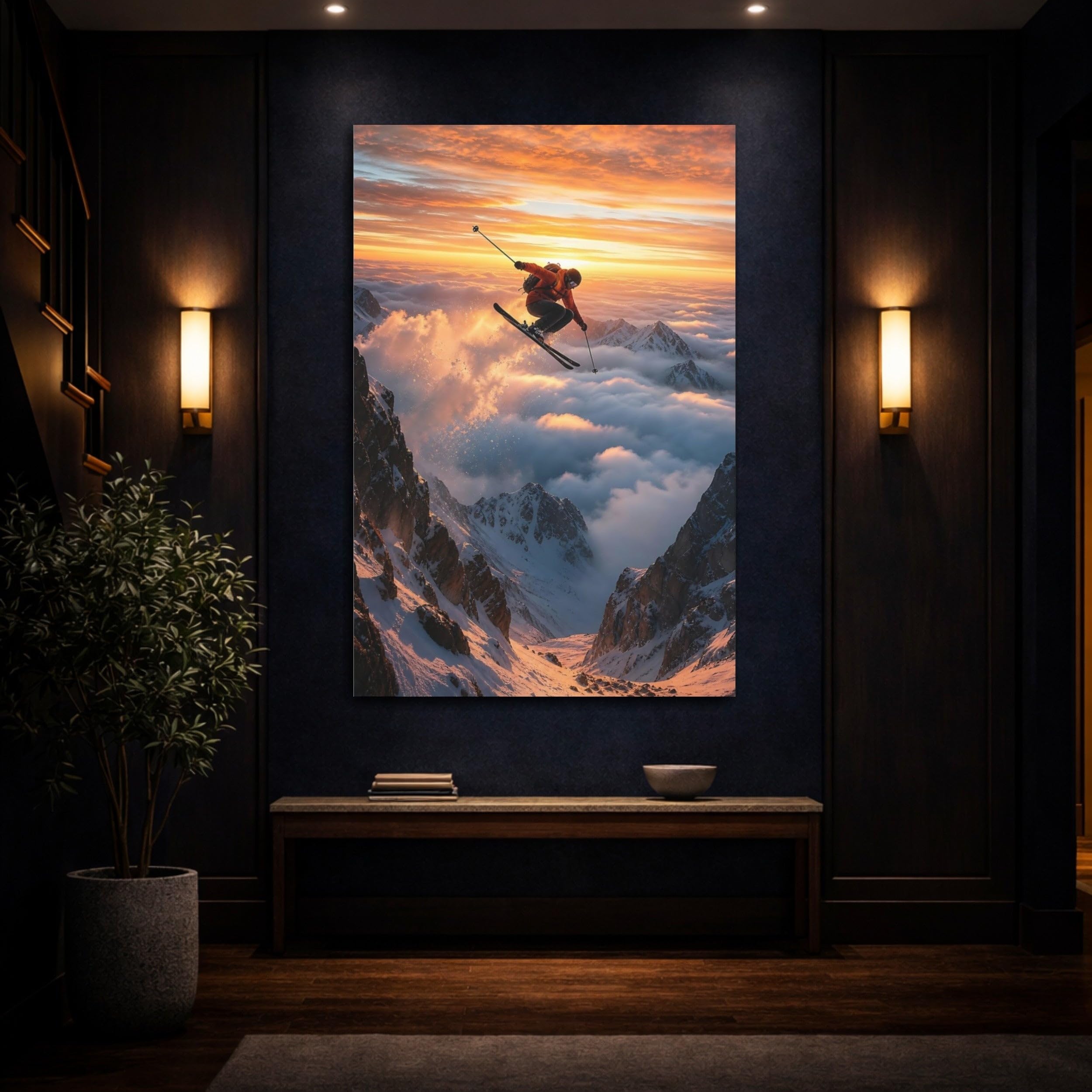 Nature Mountain Skier Orange Sky Canvas Wall Art Print – Living Room Decor 24×36 inch (60×90 cm) - Vertical / 1.25 inch (3 cm)