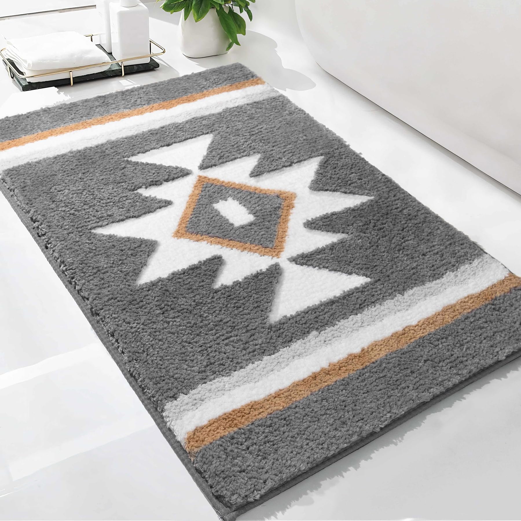 TANVILL Boho Bathroom Rugs Grey Bath Mat Non Slip Soft Absorbent Bath Rug, Western Geometric Luxury Plush Floor Mat for Farmhouse Bathroom Shower