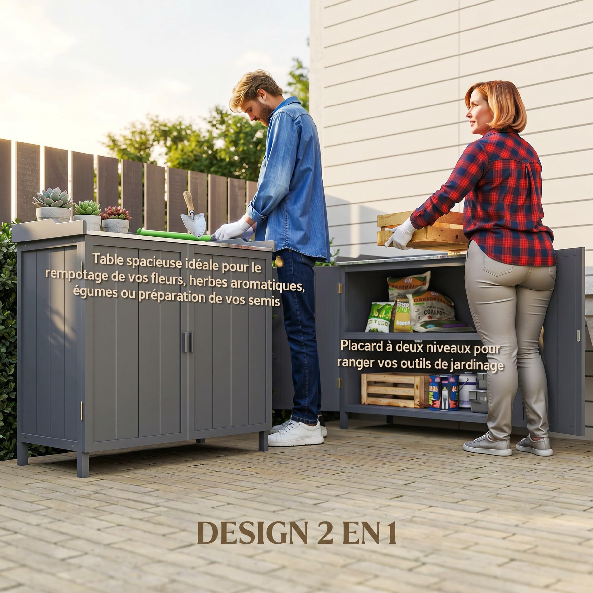 Outsunny Armoire de Rangement de Jardin sur Pied avec Double Porte Gris | Table de Rempotage 2 en 1, Étagère Intégrée, Plateau en Métal Galvanisé