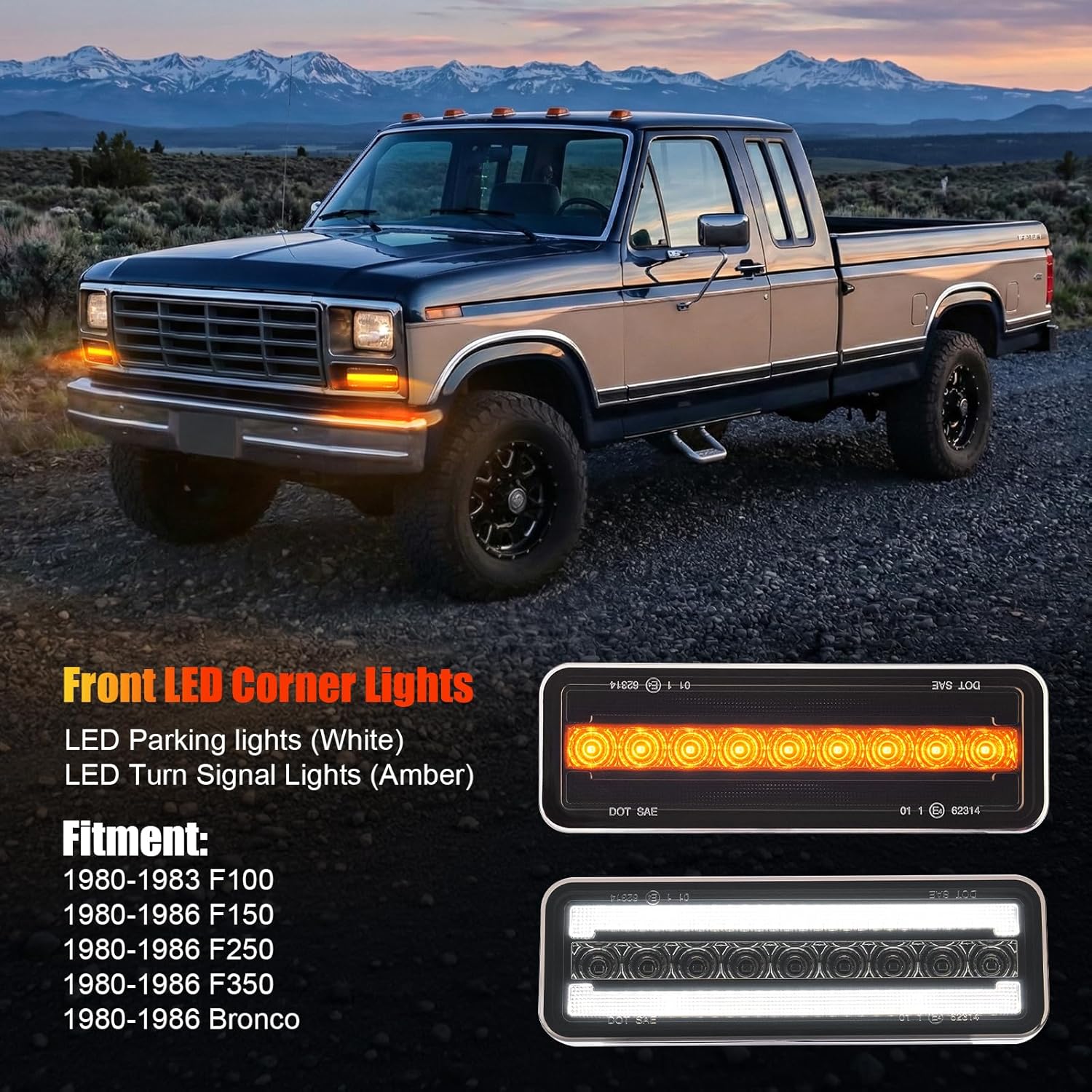 R&F Auto LED Front Turn Signal Lights for 1980-1986 F150/F250/F350; 1980-1983 F100 Modern Running Lamps Corner Lamp; 80-86 Bronco Upgrade White Parking Light + Amber Turn Signal Smoked lens