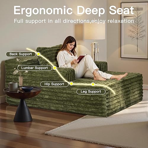 Miniatura 4 de Sofá tumbona extragrande de 67 pulgadas para interiores, sofá verde sin montaje, moderno sofá cama de pana con 3 almohadas suaves, sofá cama sin