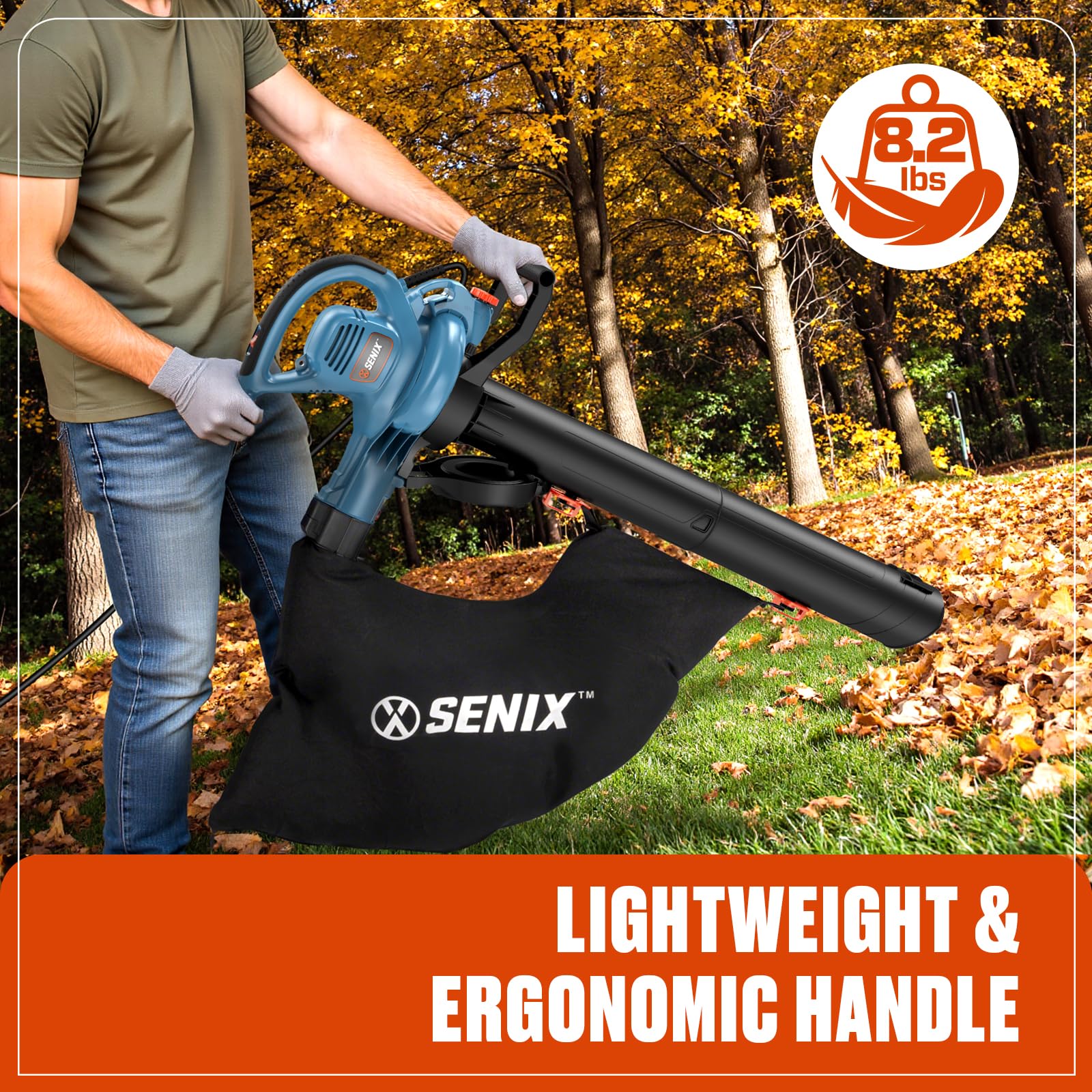 Senix Soffiatore elettrico 3 in 1, aspiratore di foglie con cavo e trituratore, 420 CFM e 179 mph, con sacchetto di raccolta riutilizzabile per giardino