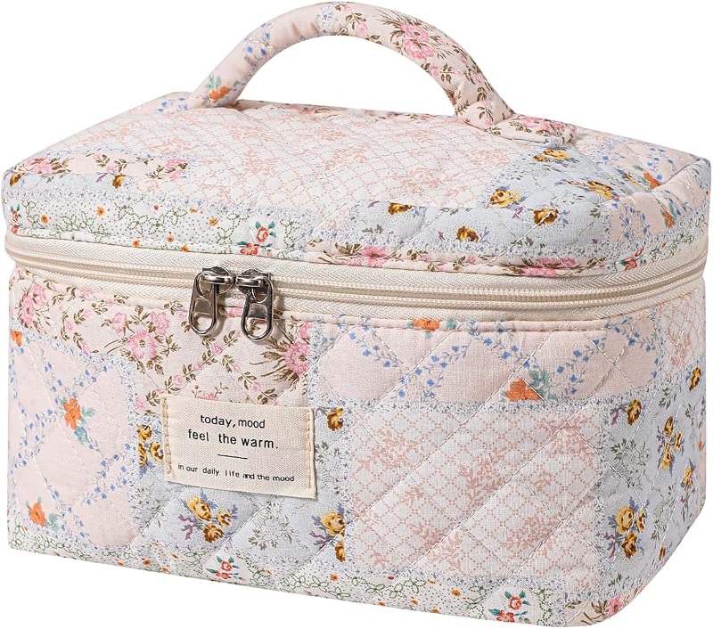 Necessaire de maquiagem acolchoada RSRSLEII 05Pink Flower com zíper duplo