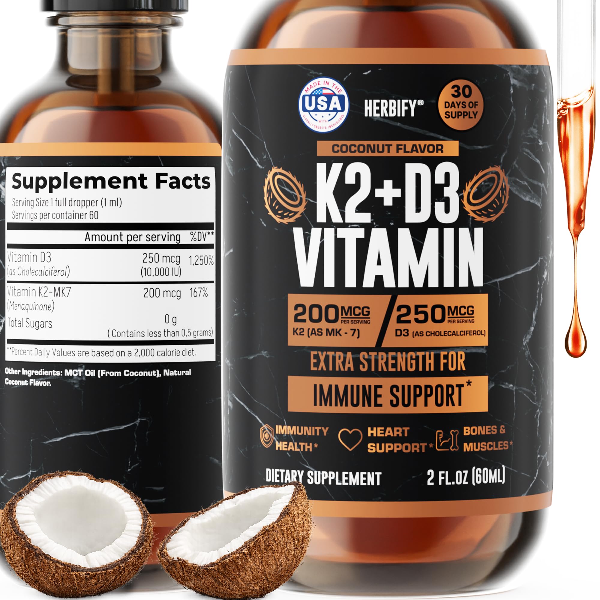 HERBIFY Vitamin D3 K2 Drops - Liquid Vitamins for Women, Men & Teen - Bone Strength Supplements - D3 K2 Mt Vitamins for Immune Support & Heart Health - Vitamin D3 10000 Iu Liquid K2 Drops - 2 oz — Amazon image 6