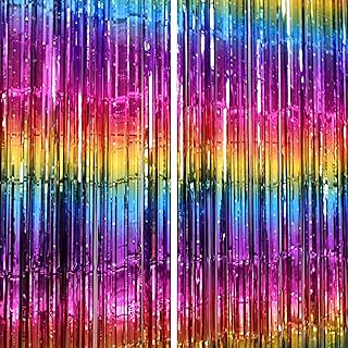 Rainbow Foil Fringe Curtain Backdrop for Birthday Party Decorations, 2 Pack
