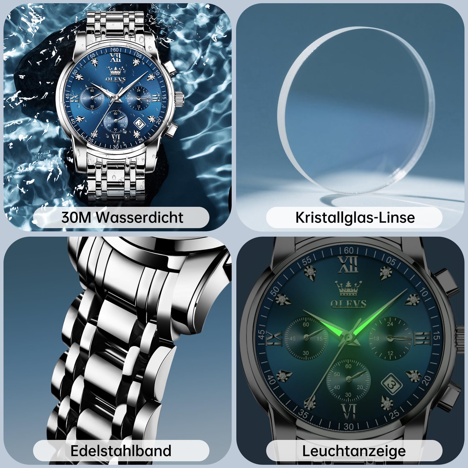 OLEVS Uhren Herren, Analoger Quarzuhr Edelstahl Herren Uhr, Klassisches Chronograph Diamanten Herrenuhren, Luxus Armbanduhr Herren