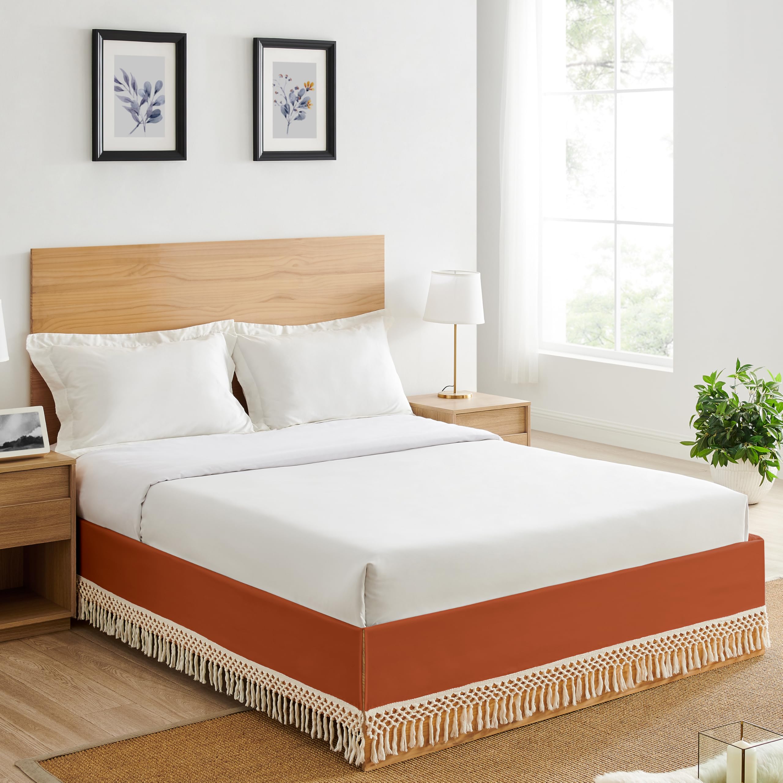 Sweet Jojo Designs Rust Orange and Ivory Boho Bohemian Girl Queen Size Bed Skirt Dust Ruffle Bedskirt Pleated Tailored Kids Bedroom Off White Fringe